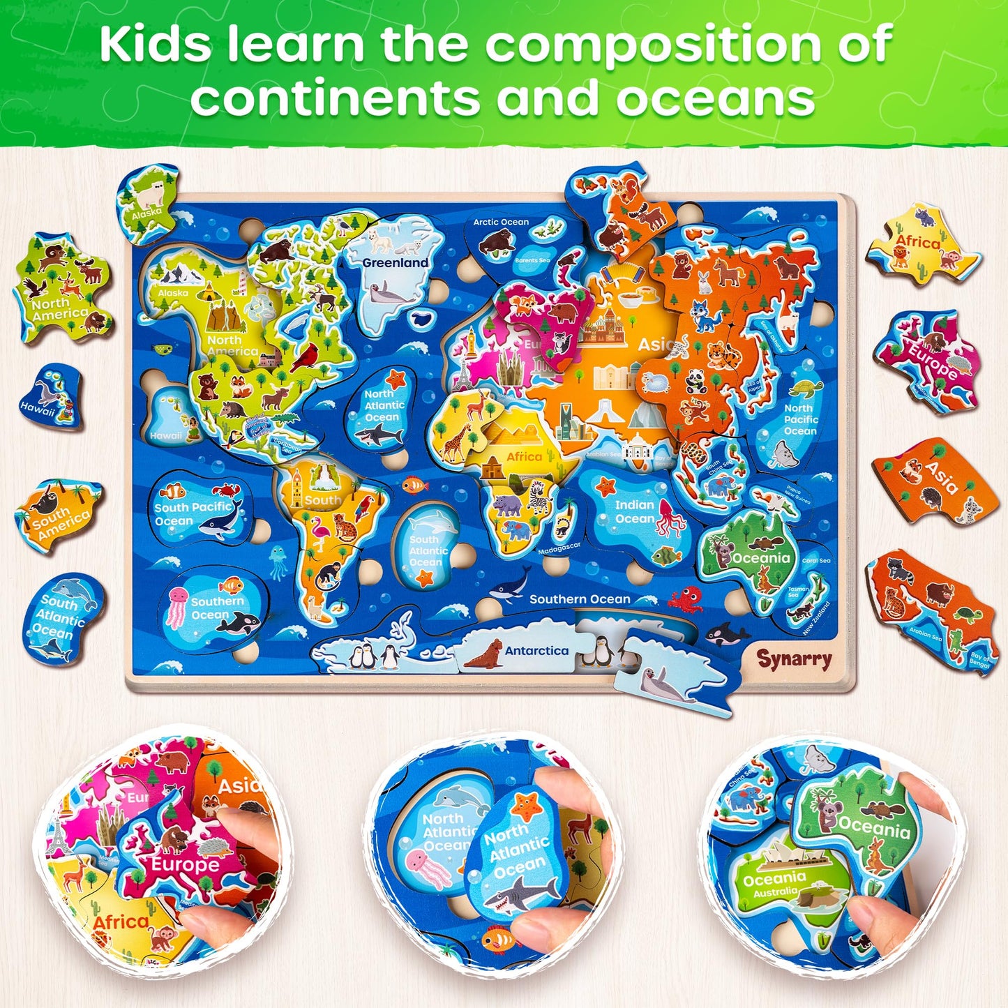 SYNARRY Large USA World Wooden Puzzles for Kids 3-8 – Geography Learning Set (2 Puzzles)