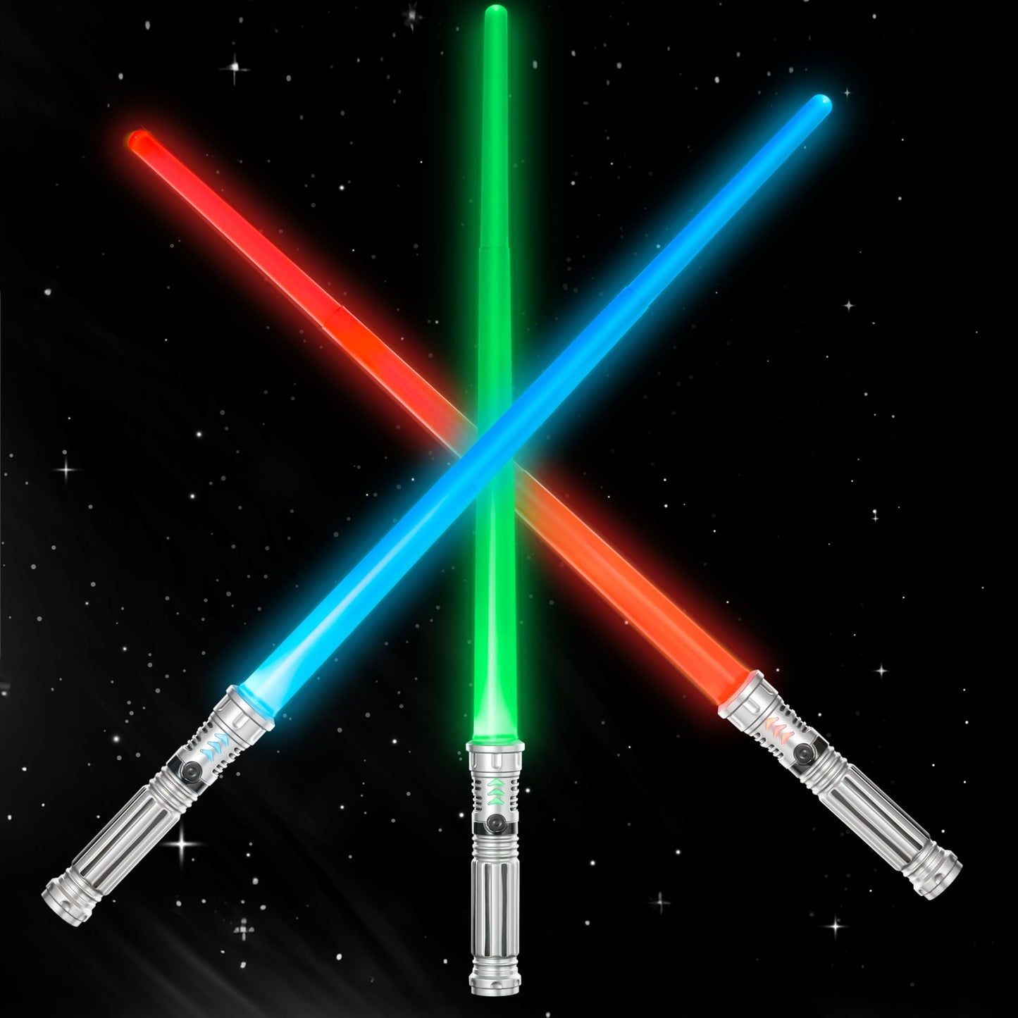SYNCFUN 3-Pack LED Light Up Swords – 7 Colors, Motion-Sensor FX Sounds, Dual Extendable Blades, Silver Handles