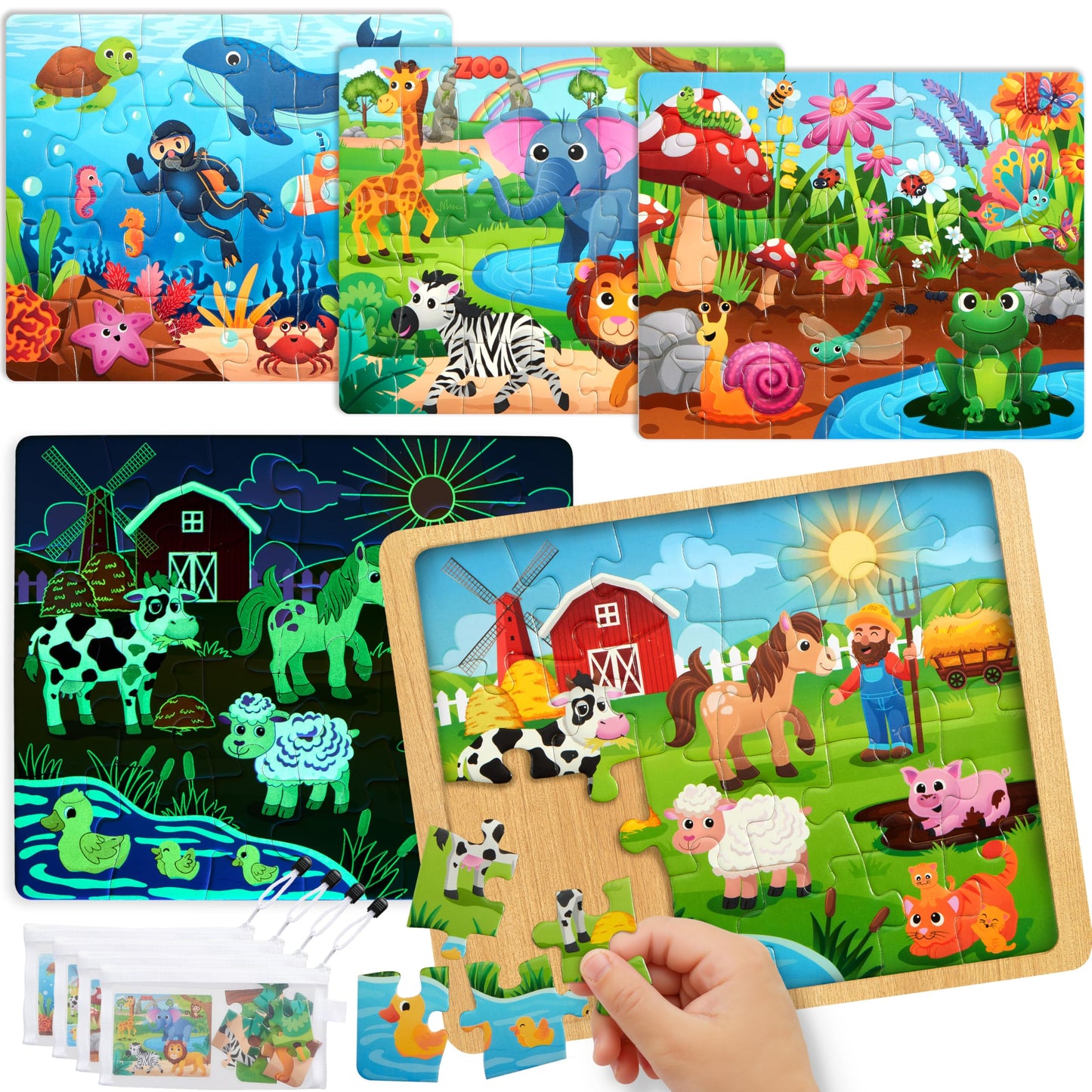 SYNCFUN 4-in-1 Animal Wooden Puzzles – Glow in the Dark Montessori Puzzles for Toddlers 3-5 (Farm, Ocean, Zoo, Insect)