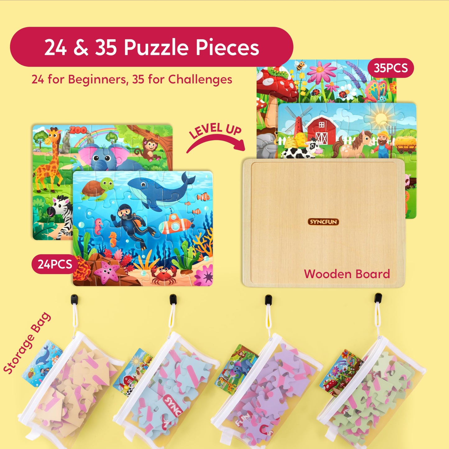 SYNCFUN 4-in-1 Animal Wooden Puzzles – Glow in the Dark Montessori Puzzles for Toddlers 3-5 (Farm, Ocean, Zoo, Insect)