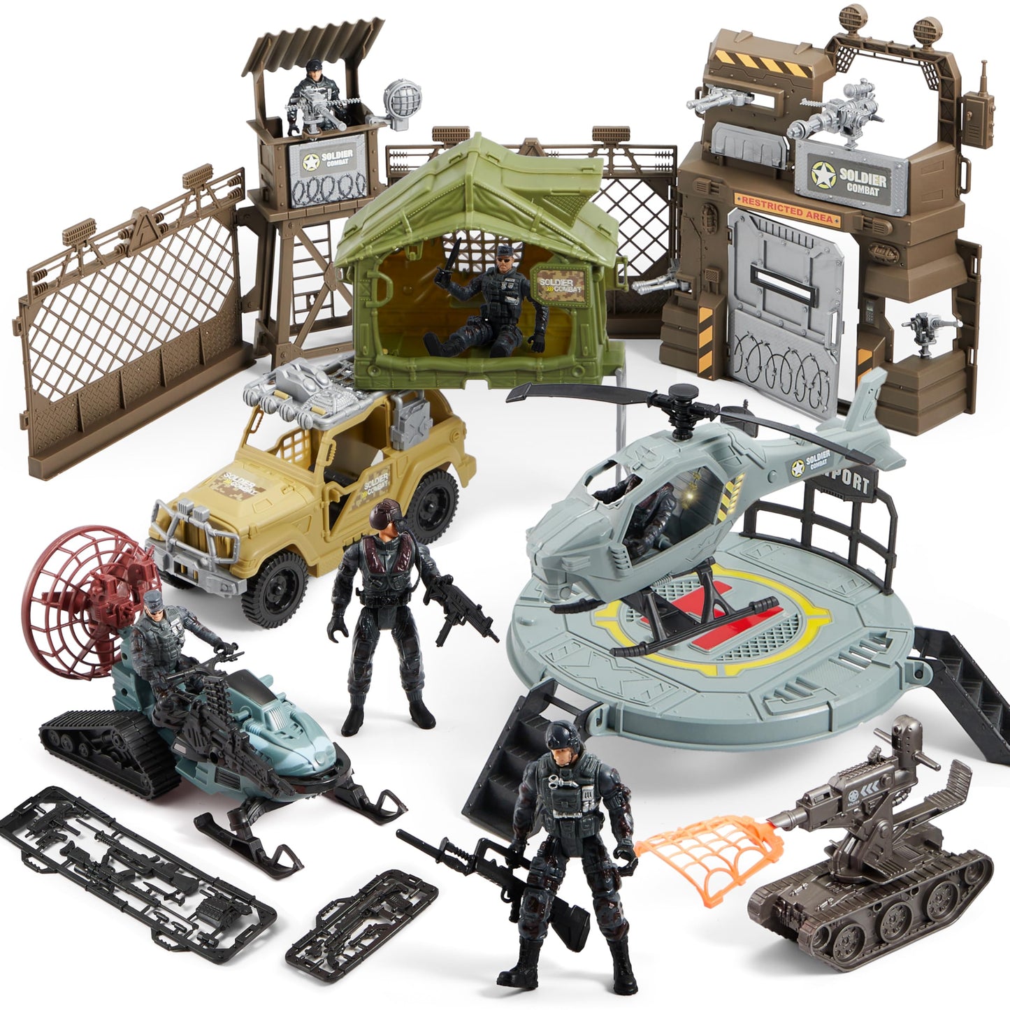 SYNCFUN Military Toy Set with Army Base, Vehicles & Helicopter – Light & Sound