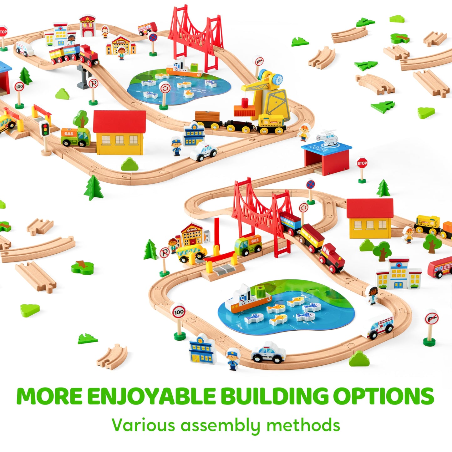 SYNCFUN 110PCS Wooden Train Set – Magnetic Trains & City Track for Ages 3-8