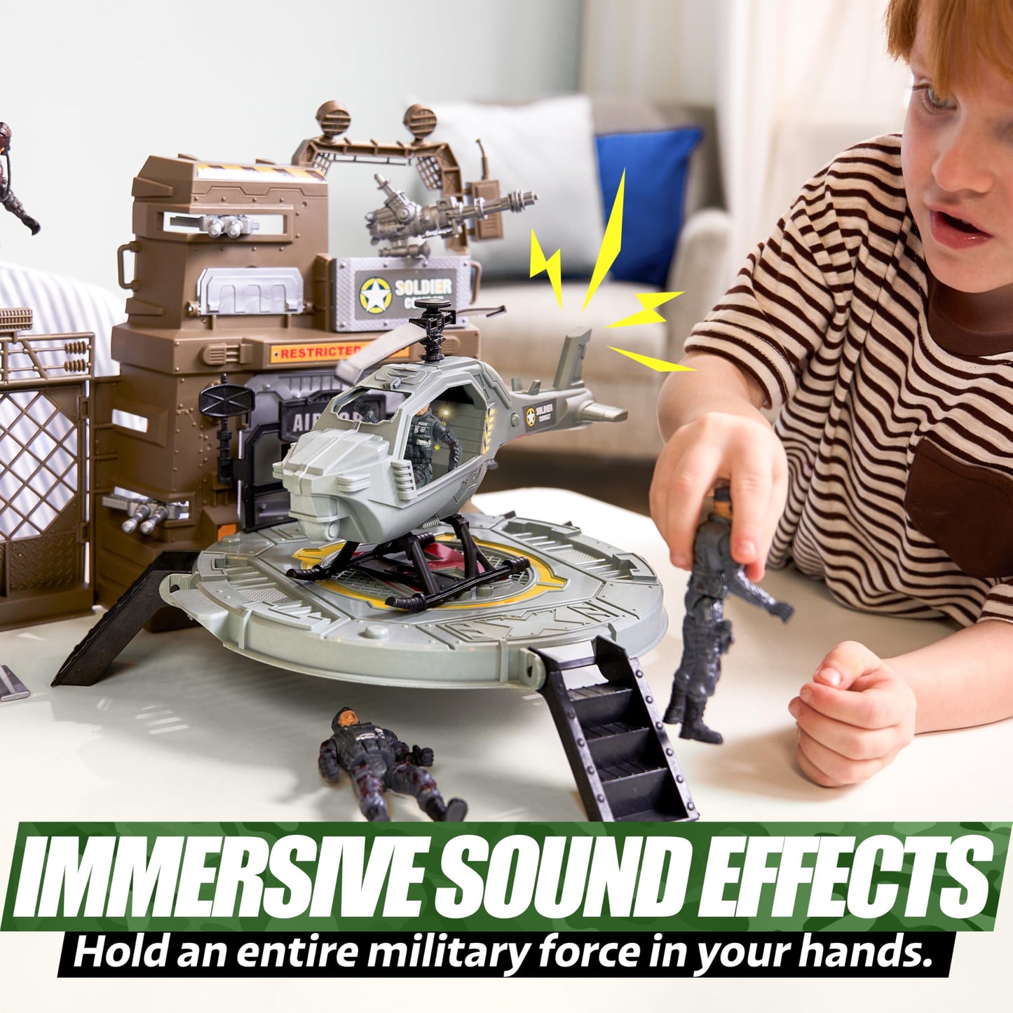 SYNCFUN Military Toy Set with Army Base, Vehicles & Helicopter – Light & Sound