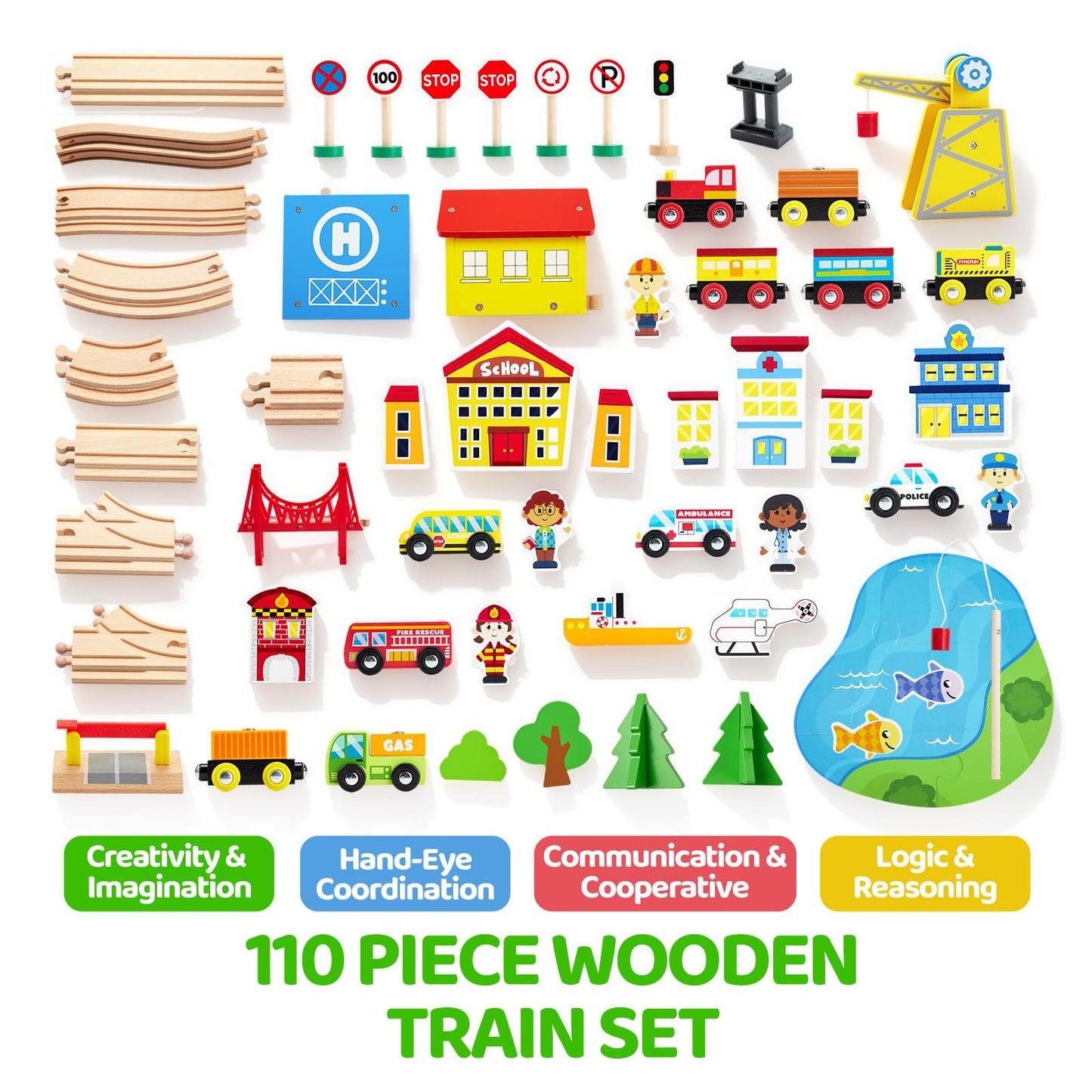 SYNCFUN 110PCS Wooden Train Set – Magnetic Trains & City Track for Ages 3-8