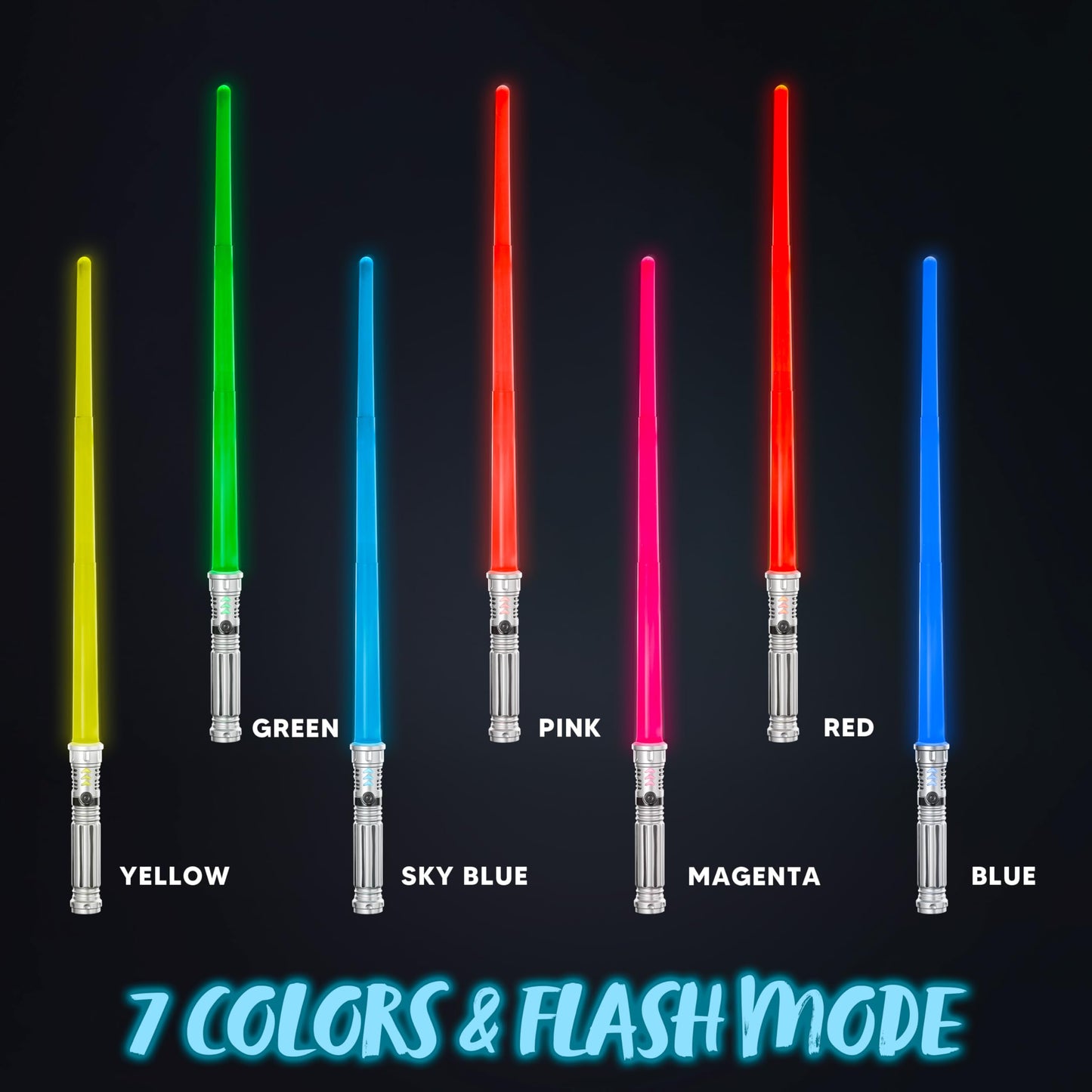 SYNCFUN 3-Pack LED Light Up Swords – 7 Colors, Motion-Sensor FX Sounds, Dual Extendable Blades, Silver Handles