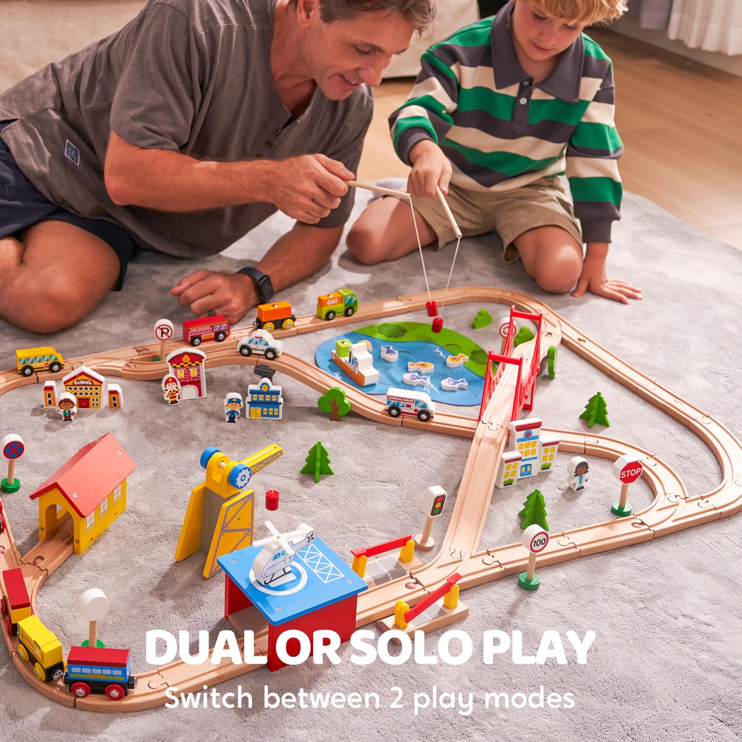 SYNCFUN 110PCS Wooden Train Set – Magnetic Trains & City Track for Ages 3-8