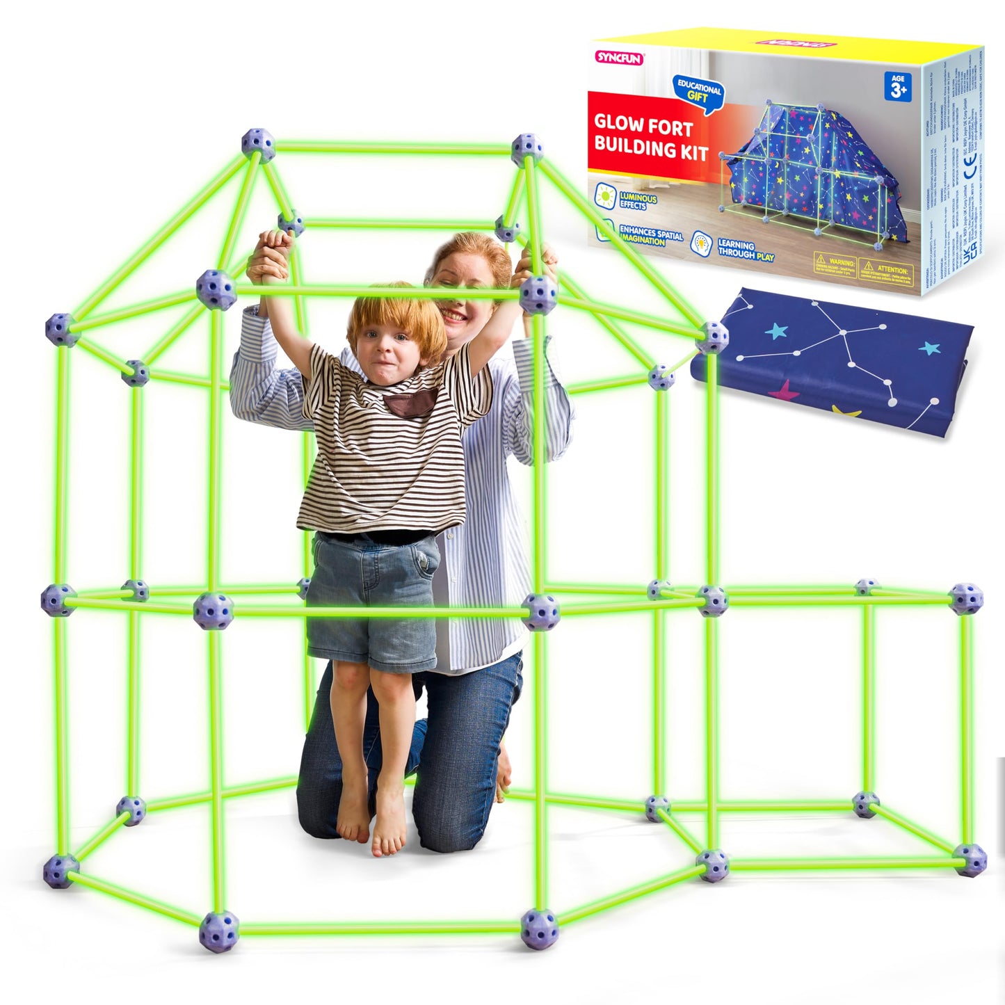 SYNCFUN Glow Fort Building Kit | Glow-in-the-Dark Castles & Tunnels for Kids Aged 3-12