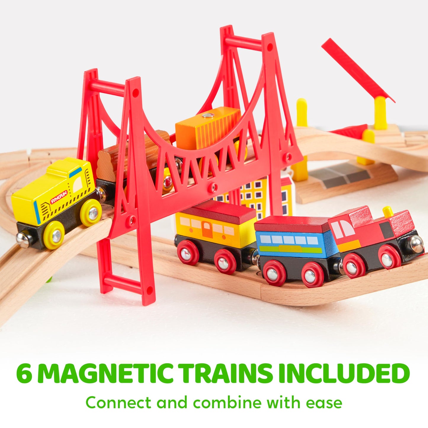 SYNCFUN 110PCS Wooden Train Set – Magnetic Trains & City Track for Ages 3-8