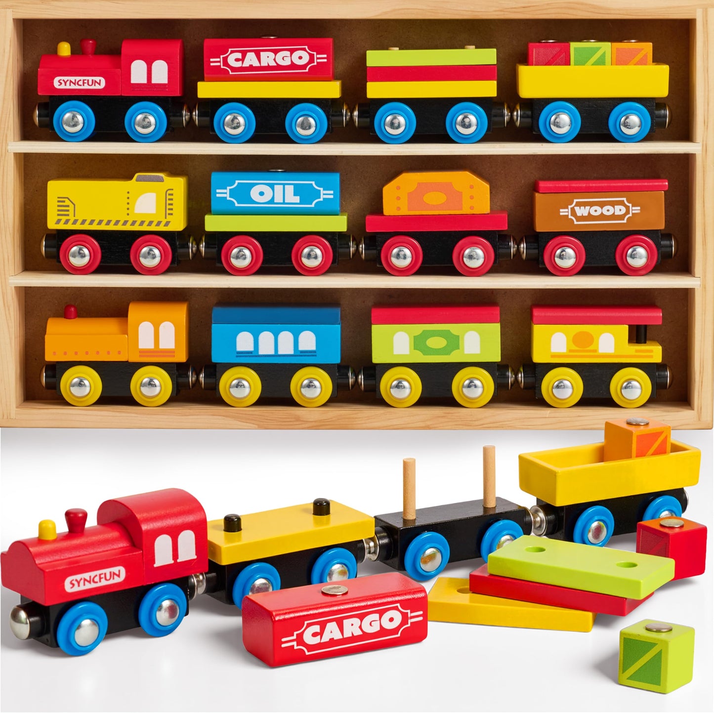 SyncFun Montessori Wooden Train Toy Set – 12 Magnetic Cars + Storage Gift Box (Ages 2-8)