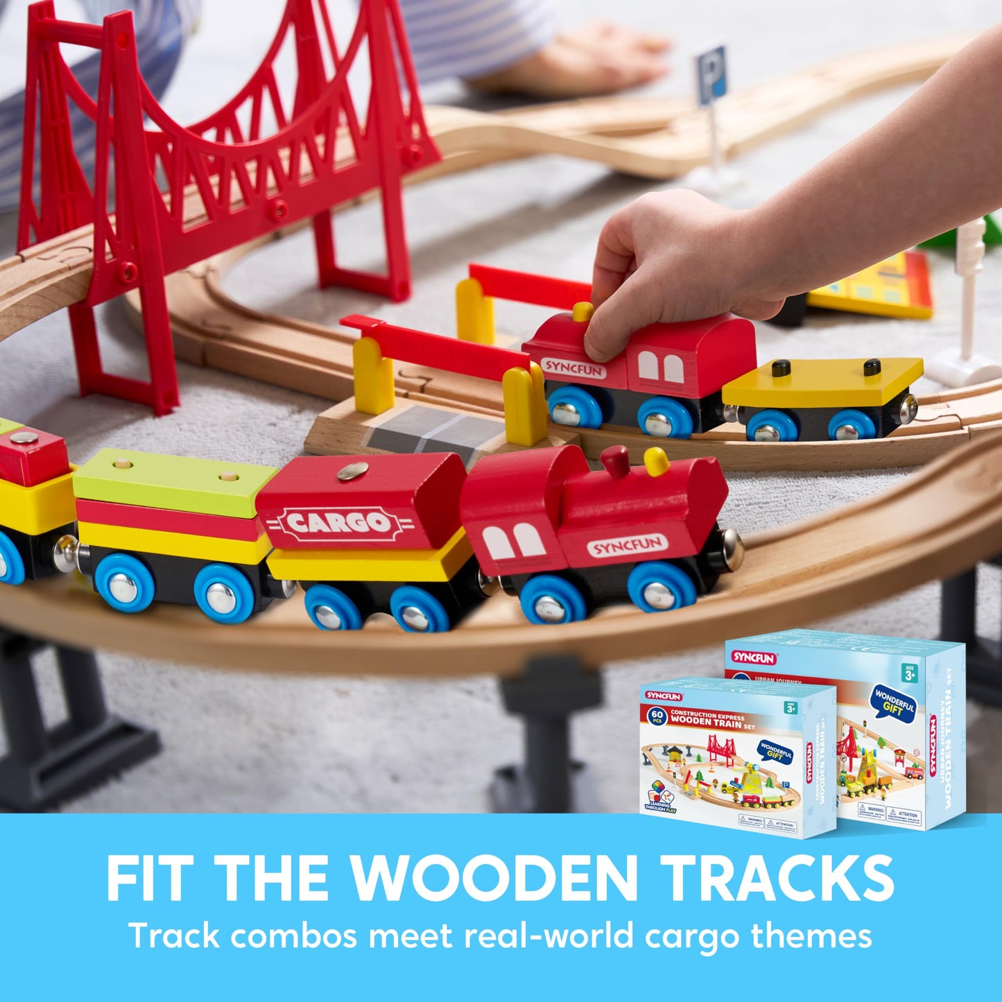 SyncFun Montessori Wooden Train Toy Set – 12 Magnetic Cars + Storage Gift Box (Ages 2-8)