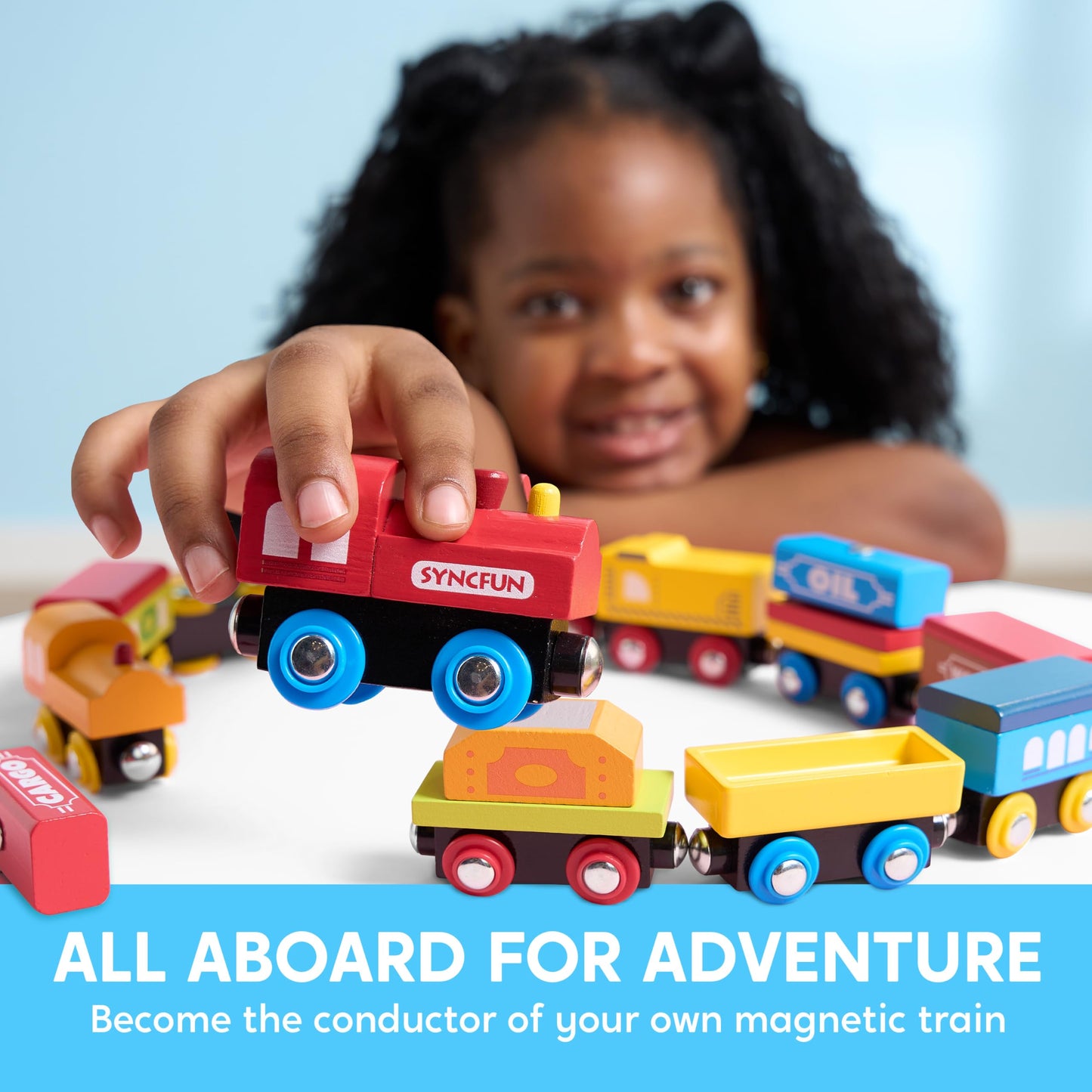 SyncFun Montessori Wooden Train Toy Set – 12 Magnetic Cars + Storage Gift Box (Ages 2-8)