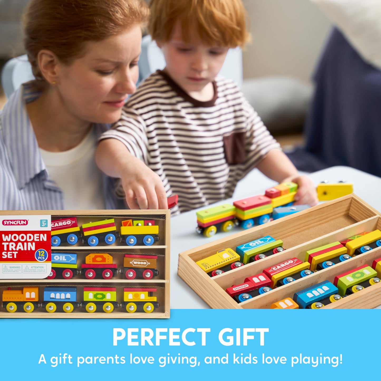 SyncFun Montessori Wooden Train Toy Set – 12 Magnetic Cars + Storage Gift Box (Ages 2-8)