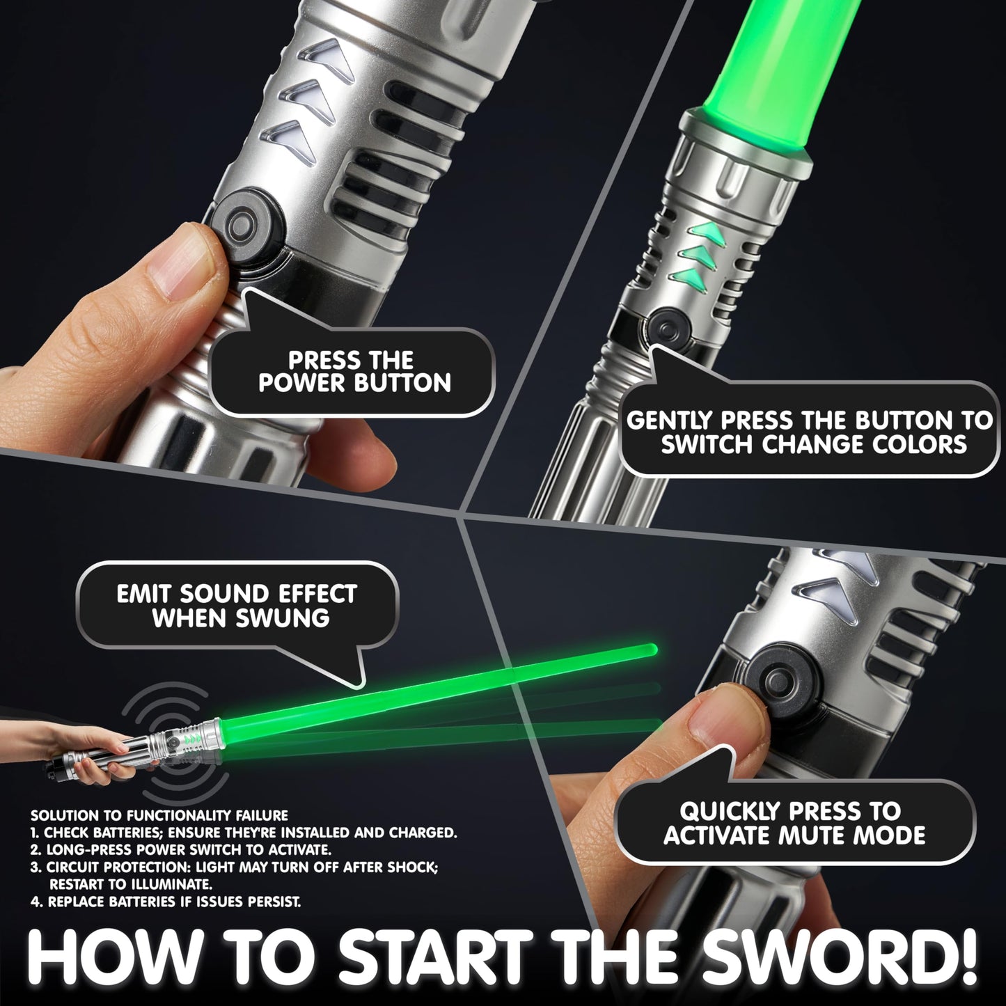 SYNCFUN 3-Pack LED Light Up Swords – 7 Colors, Motion-Sensor FX Sounds, Dual Extendable Blades, Silver Handles