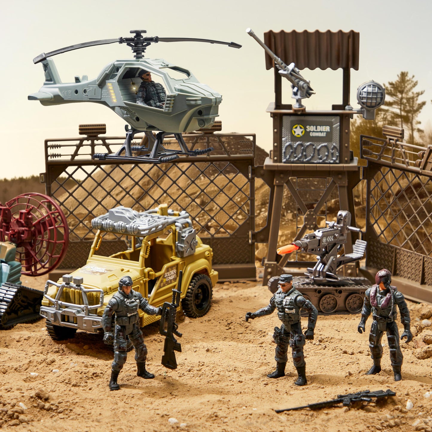 SYNCFUN Military Toy Set with Army Base, Vehicles & Helicopter – Light & Sound