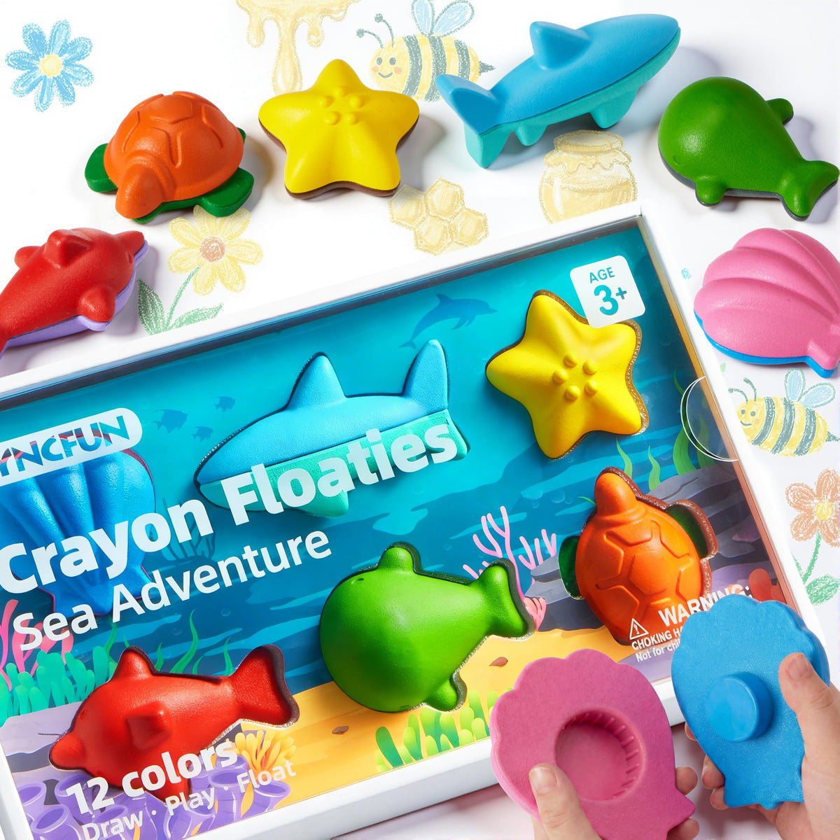 SYNCFUN 100% Pure Beeswax Crayons – Ocean Theme, 12 Colors, Washable & Safe