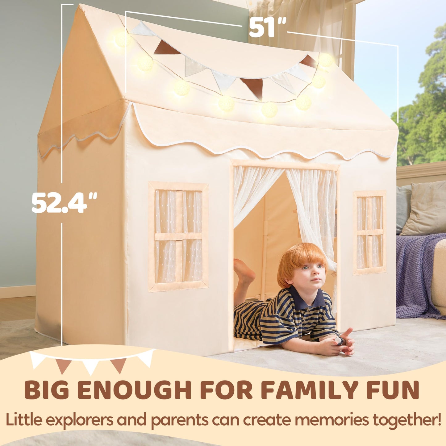 SYNCFUN Play Tent for Kids — Spacious 51x35x52 in Indoor/Outdoor Playhouse with Blanket, LED Lights & Flags