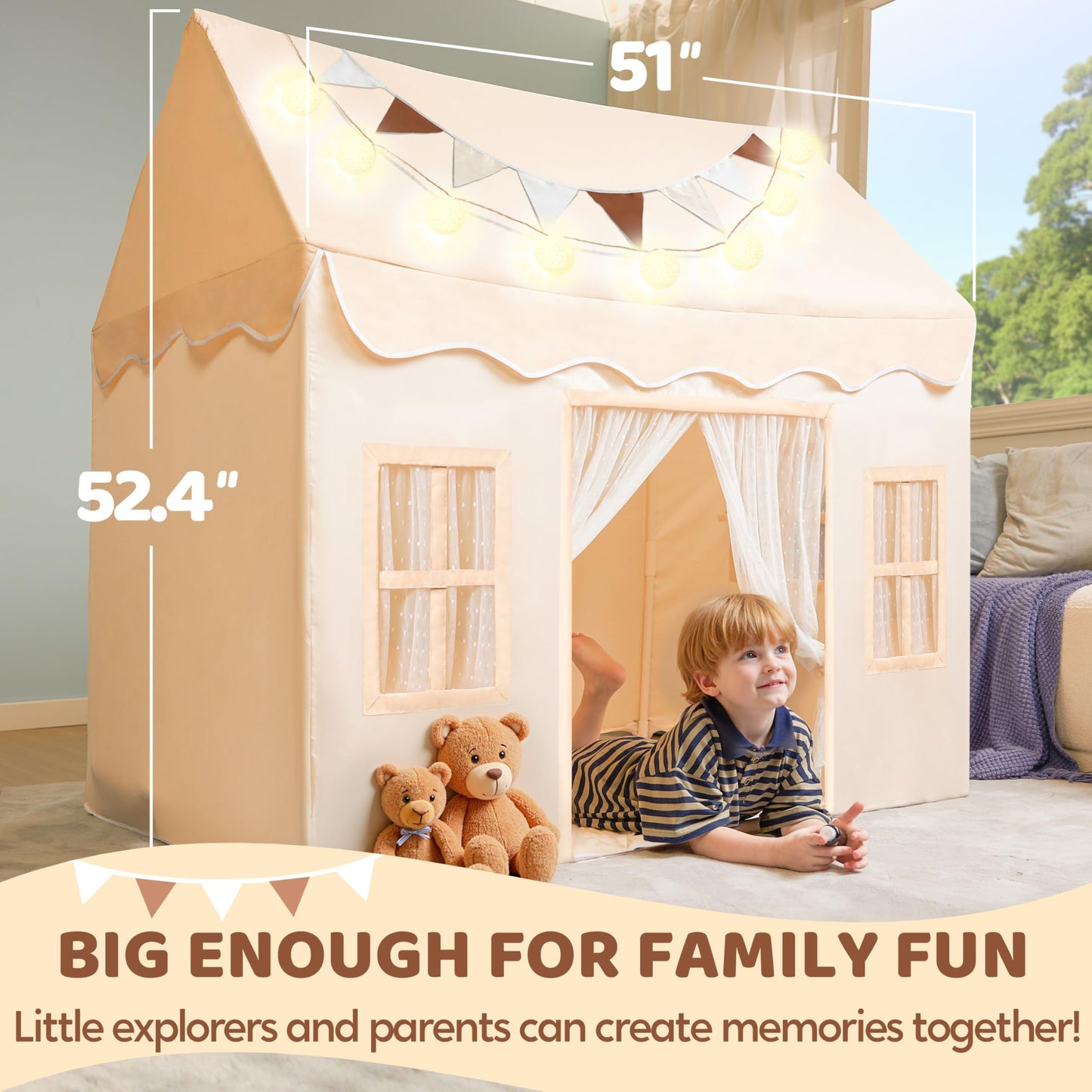 SYNCFUN Play Tent for Kids — Spacious 51x35x52 in Indoor/Outdoor Playhouse with Blanket, LED Lights & Flags