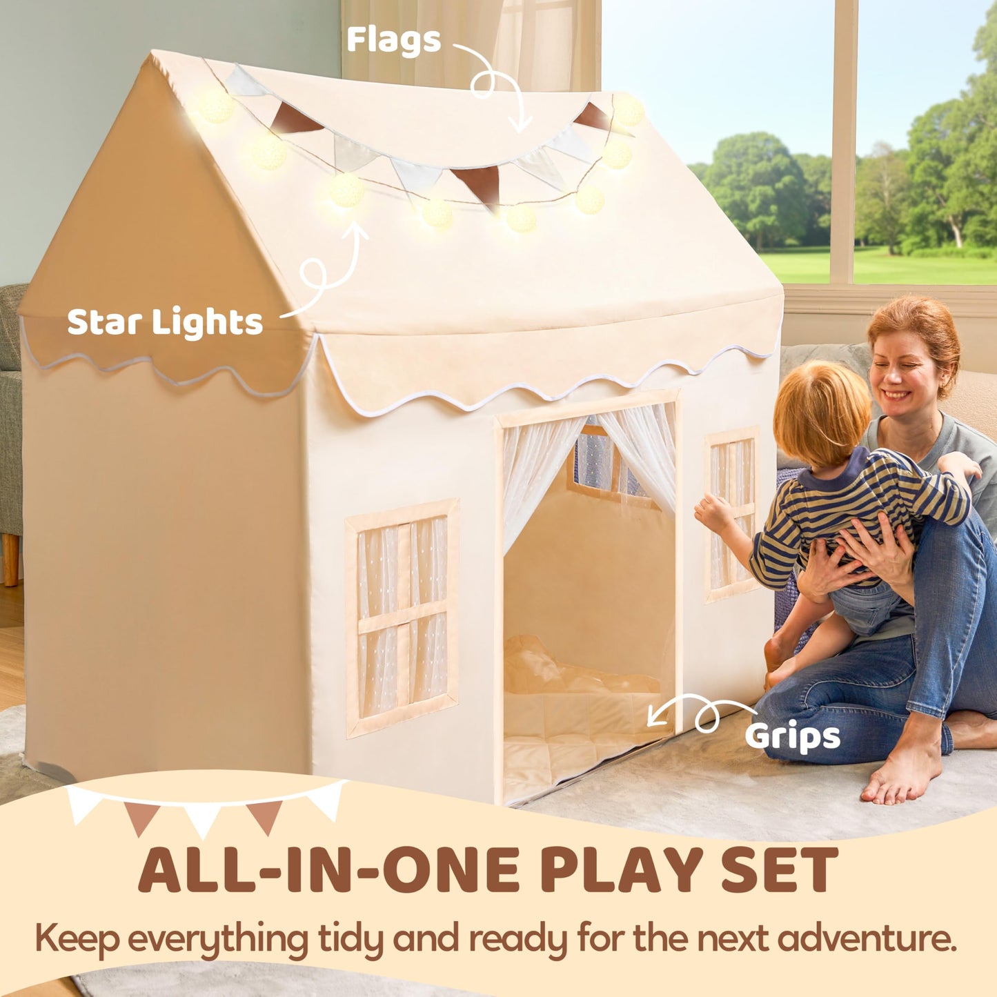 SYNCFUN Play Tent for Kids — Spacious 51x35x52 in Indoor/Outdoor Playhouse with Blanket, LED Lights & Flags