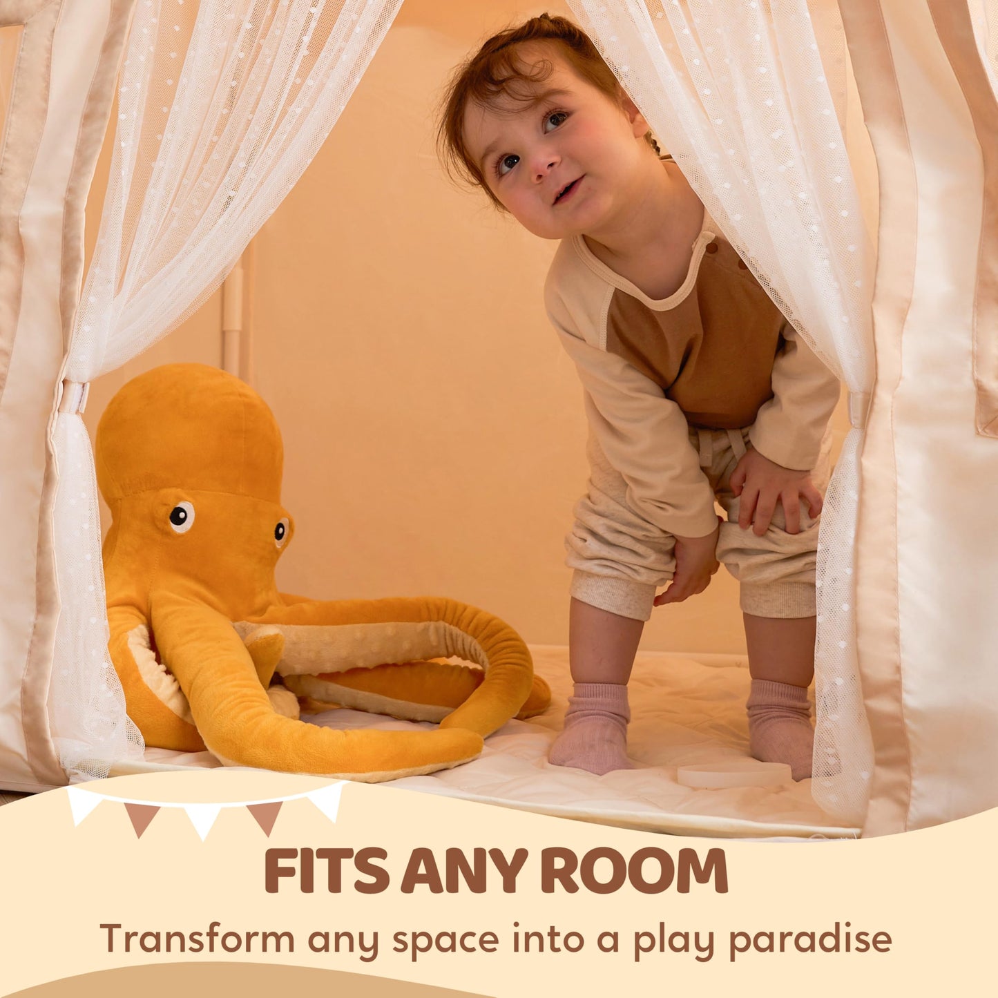 SYNCFUN Play Tent for Kids — Spacious 51x35x52 in Indoor/Outdoor Playhouse with Blanket, LED Lights & Flags