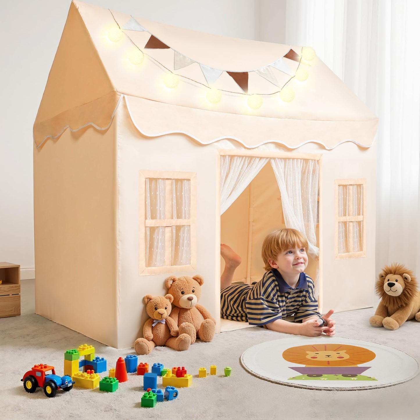 SYNCFUN Play Tent for Kids — Spacious 51x35x52 in Indoor/Outdoor Playhouse with Blanket, LED Lights & Flags