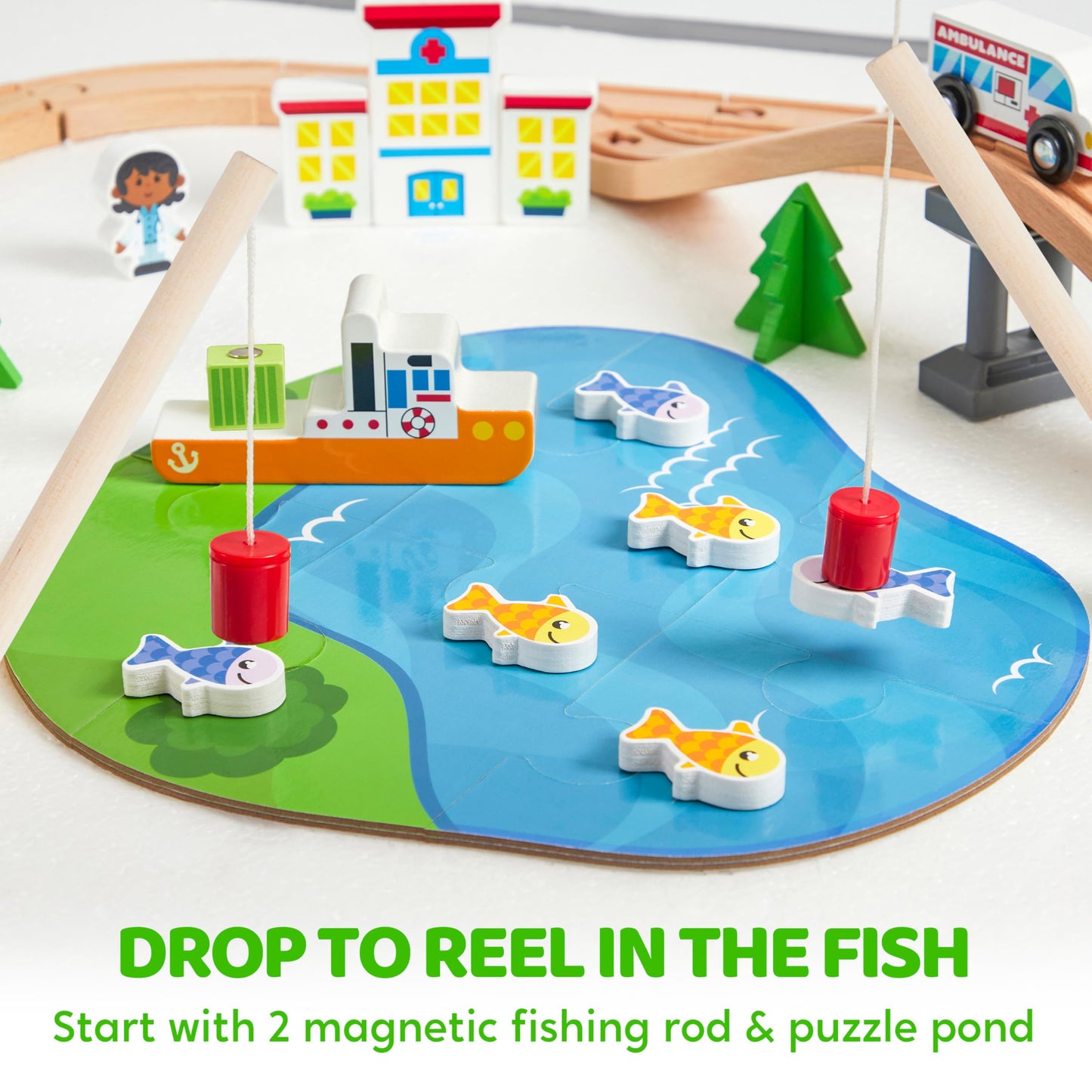 SYNCFUN 110PCS Wooden Train Set – Magnetic Trains & City Track for Ages 3-8