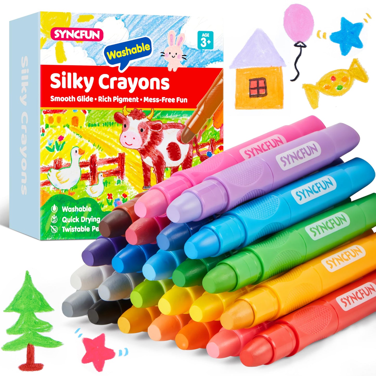 SYNCFUN Twistable Silky Crayons – 24 Pcs Washable, Non-Toxic, Mess-Free for Kids 3+