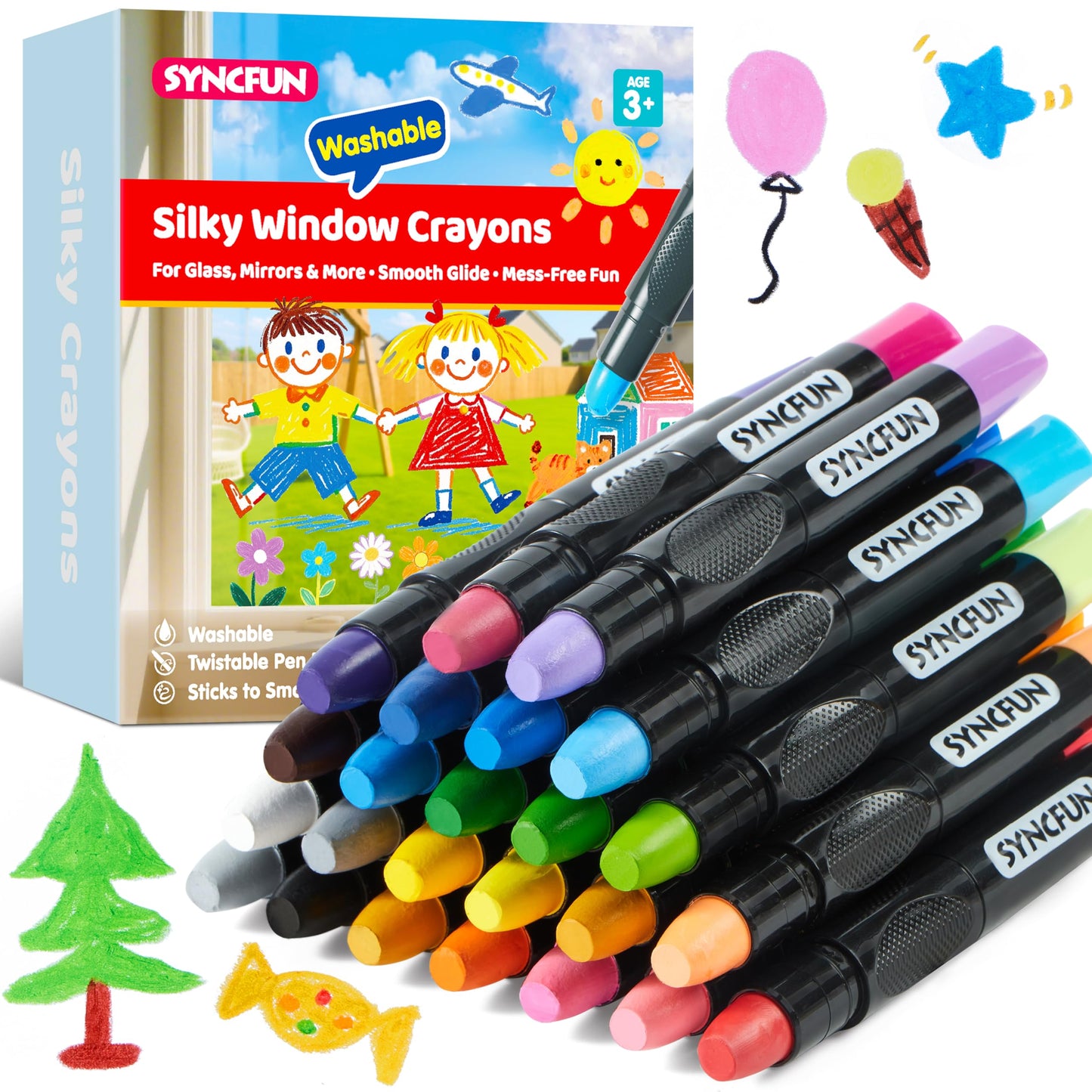 SYNCFUN 24 Pcs Twistable Silky Window Crayons – Washable, Non-Toxic, Mess-Free Art Supplies for Kids 3+