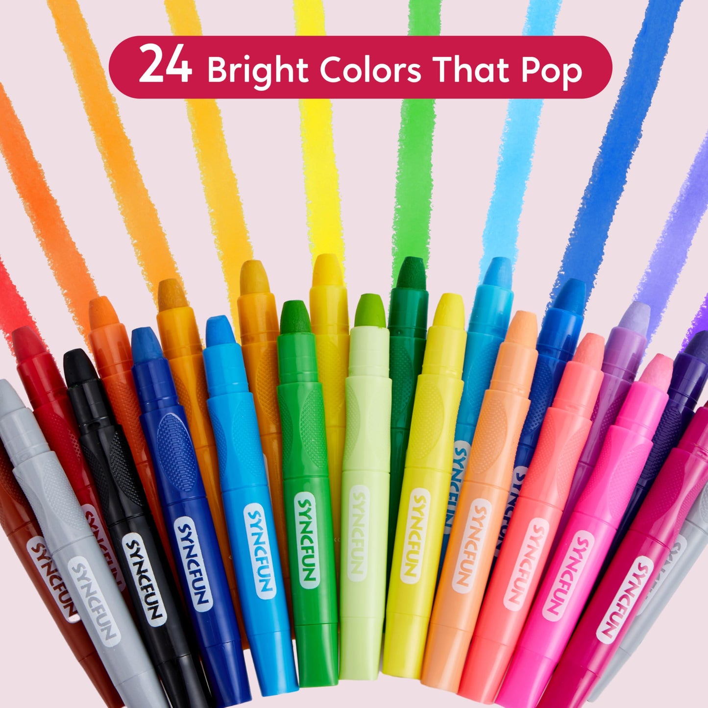 SYNCFUN Twistable Silky Crayons – 24 Pcs Washable, Non-Toxic, Mess-Free for Kids 3+