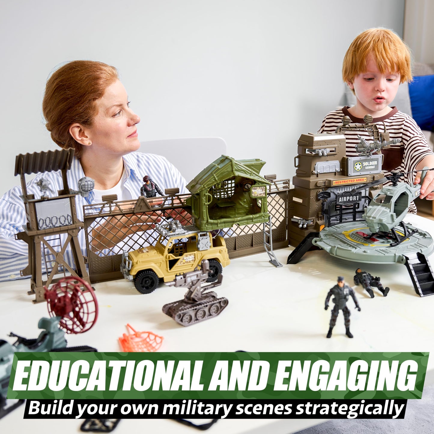 SYNCFUN Military Toy Set with Army Base, Vehicles & Helicopter – Light & Sound