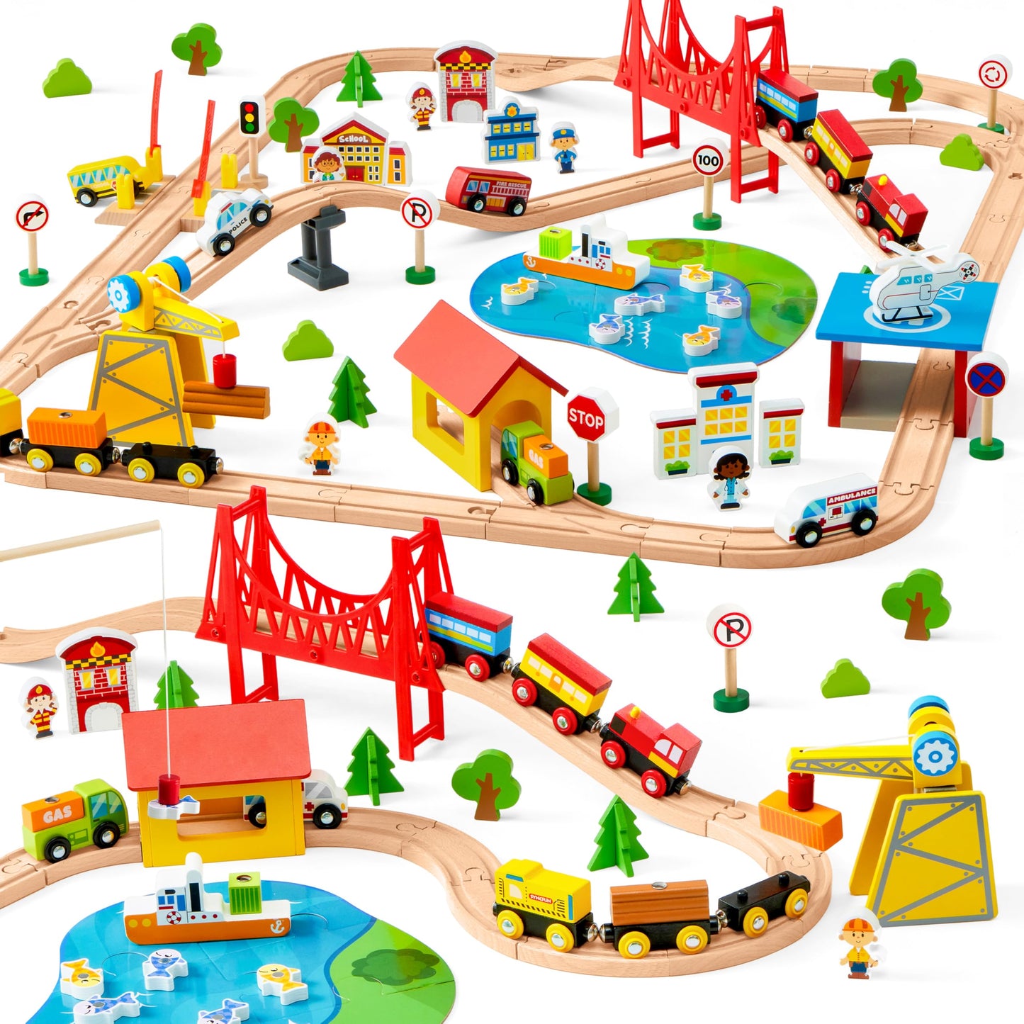 SYNCFUN 110PCS Wooden Train Set – Magnetic Trains & City Track for Ages 3-8
