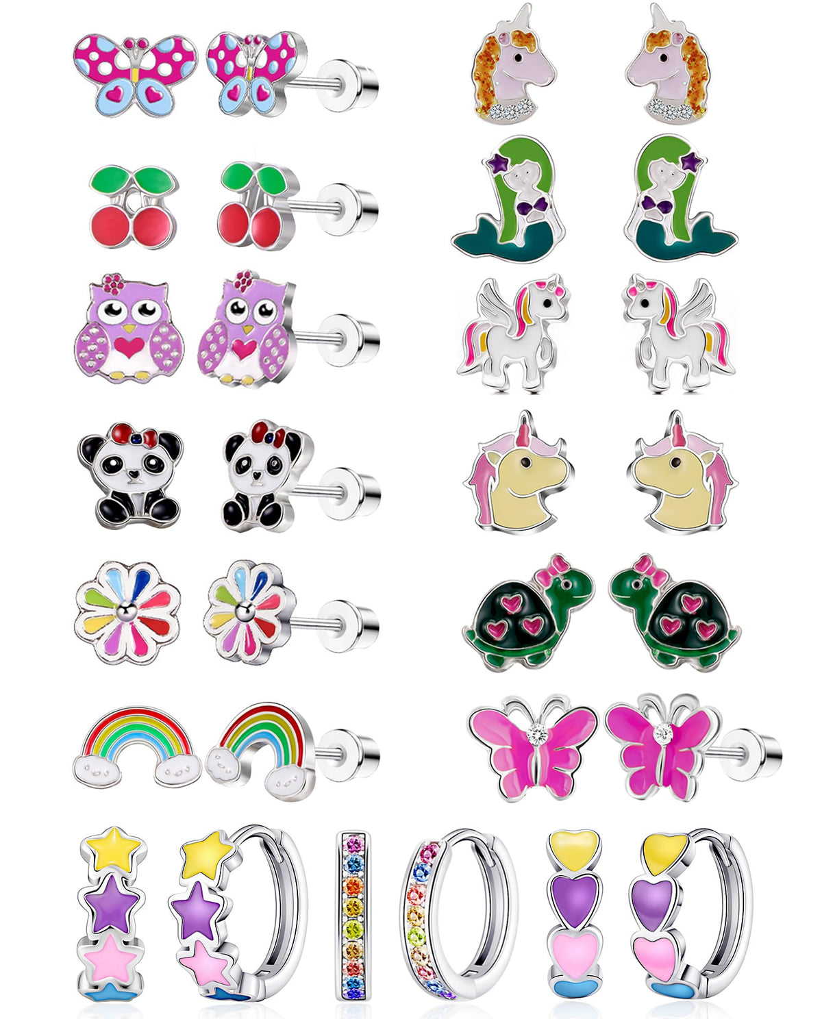SYNLIN 15 Pairs Stud Earrings Set — Cartoon Designs, Mini Hoops, Stainless Steel Posts & Screwback Closures