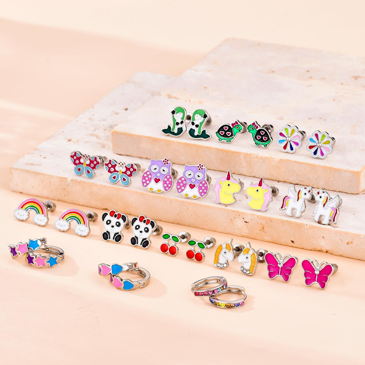 SYNLIN 15 Pairs Stud Earrings Set — Cartoon Designs, Mini Hoops, Stainless Steel Posts & Screwback Closures