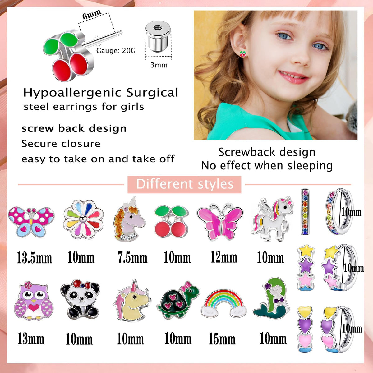 SYNLIN 15 Pairs Stud Earrings Set — Cartoon Designs, Mini Hoops, Stainless Steel Posts & Screwback Closures