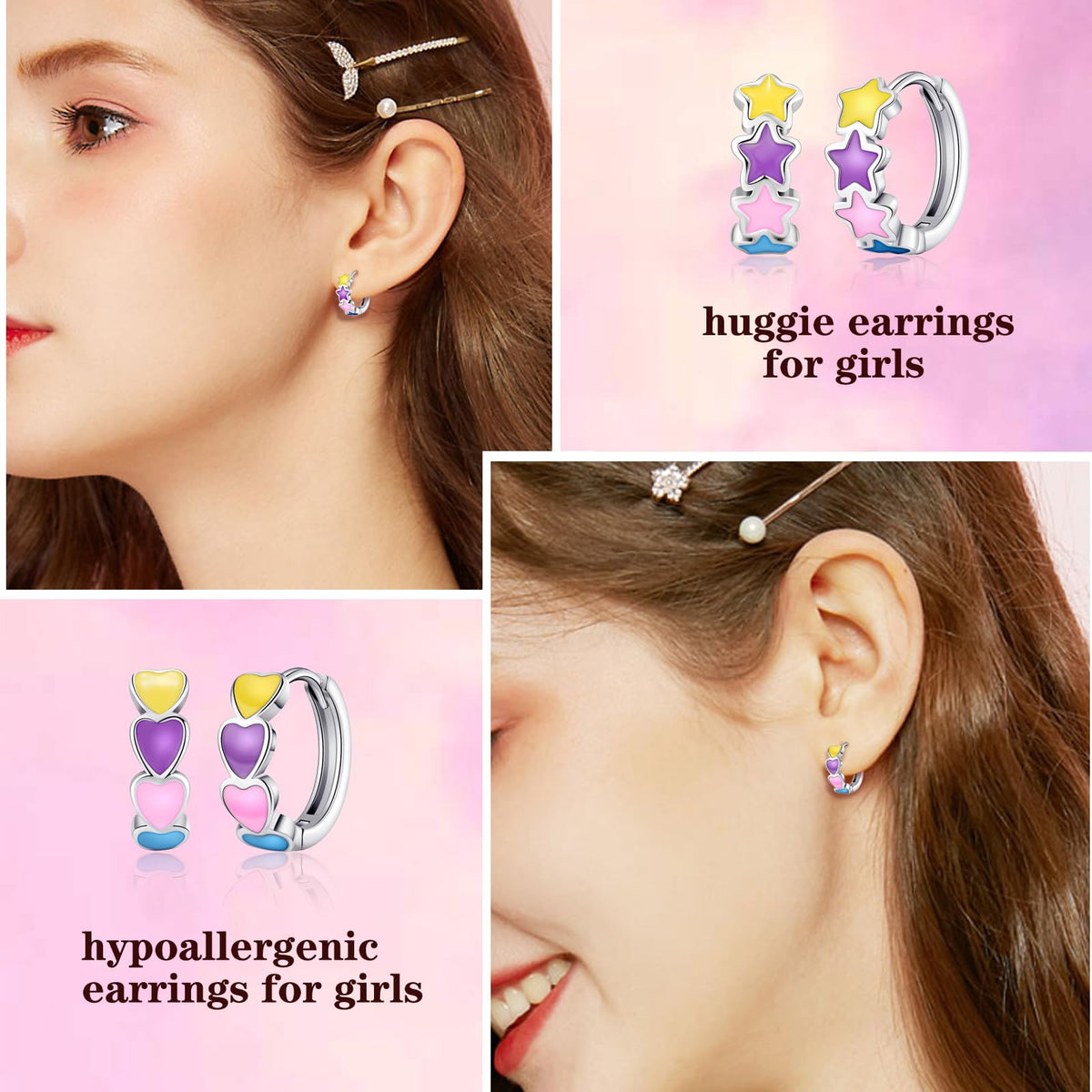 SYNLIN 15 Pairs Stud Earrings Set — Cartoon Designs, Mini Hoops, Stainless Steel Posts & Screwback Closures