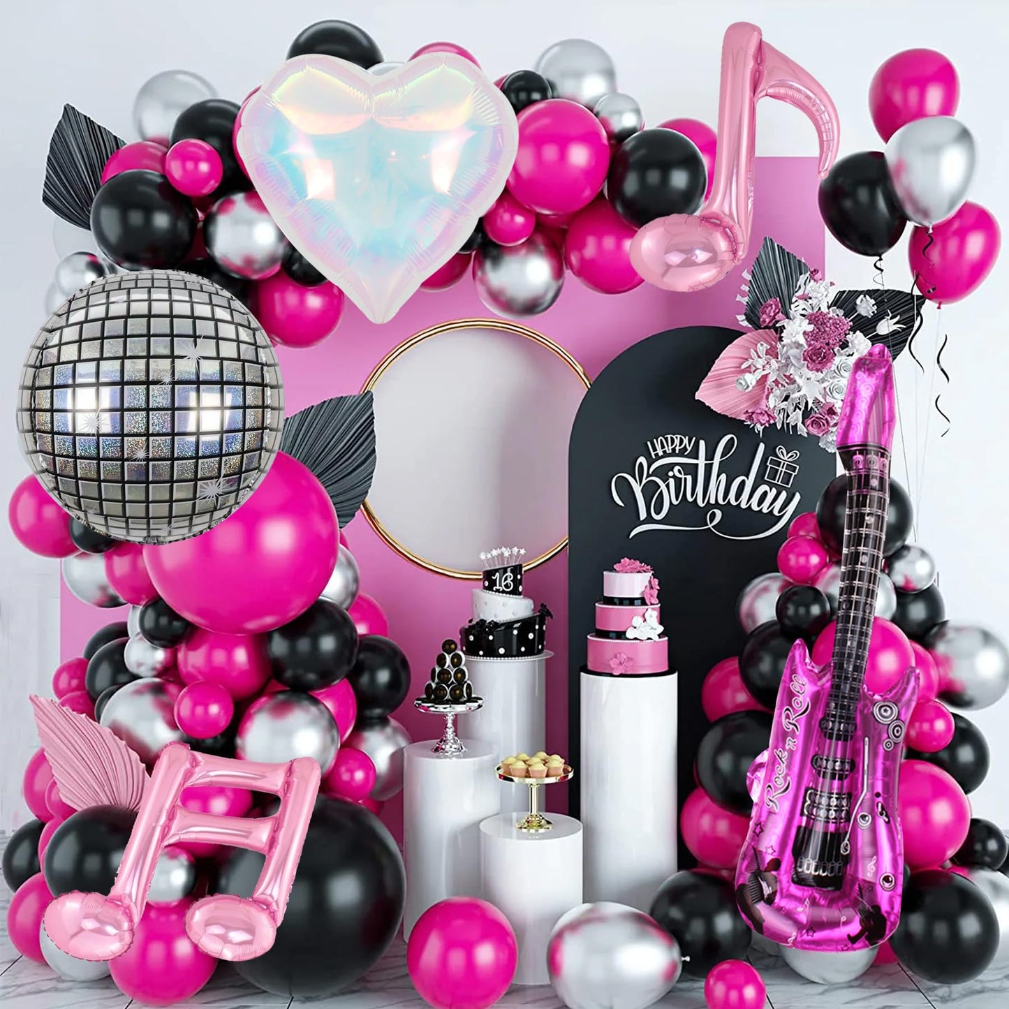 SYNUO Music Note & Guitar Foil Balloons – 30in Pink Party Decor