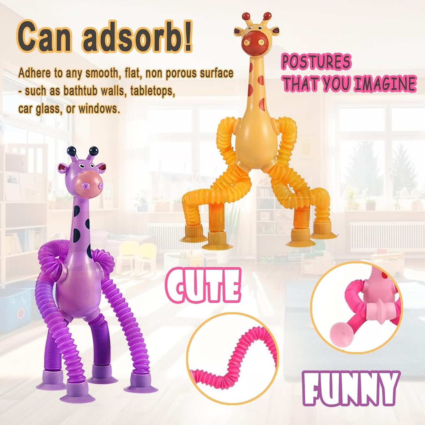 SYSAMA Telescopic Suction Cup Giraffe Toy - 4-Pack Fidget Sensory Toys for Kids 3-8