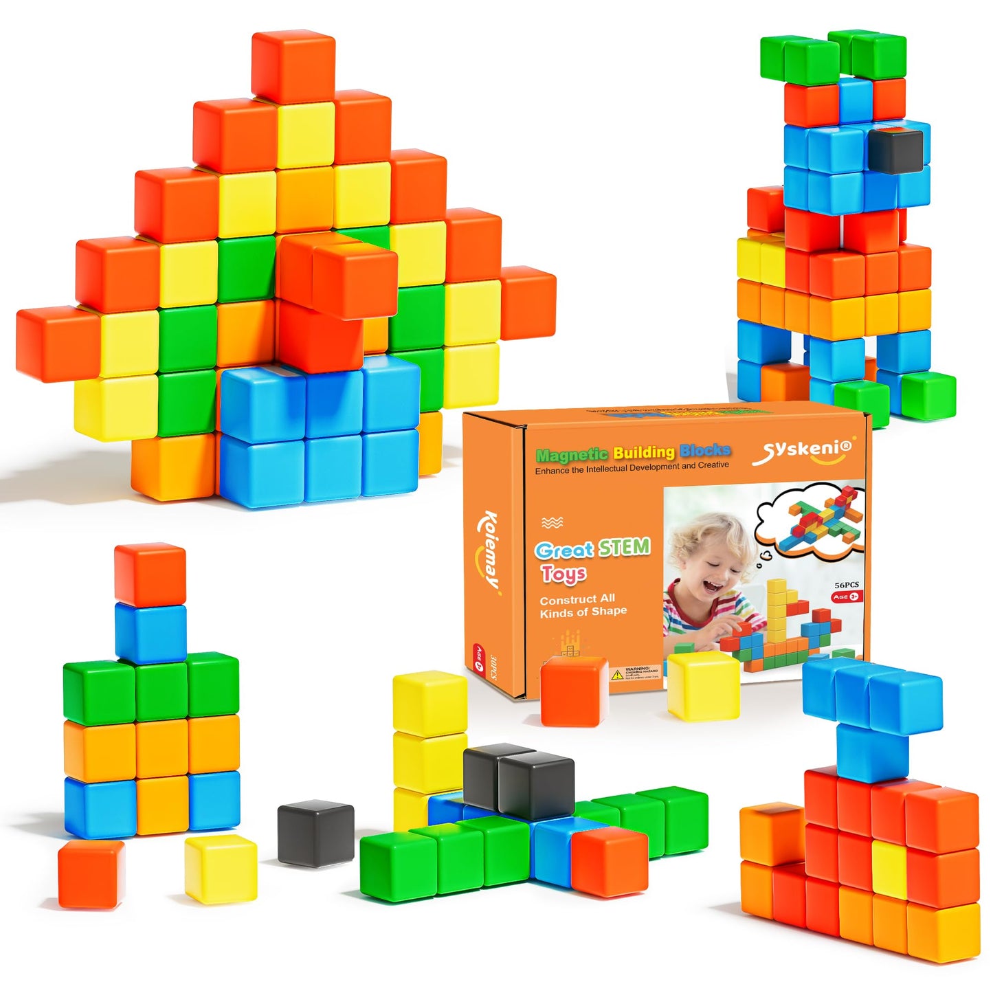 SYSKENI Magnetic Blocks - 56-Piece STEM Montessori Toys for Ages 3-8