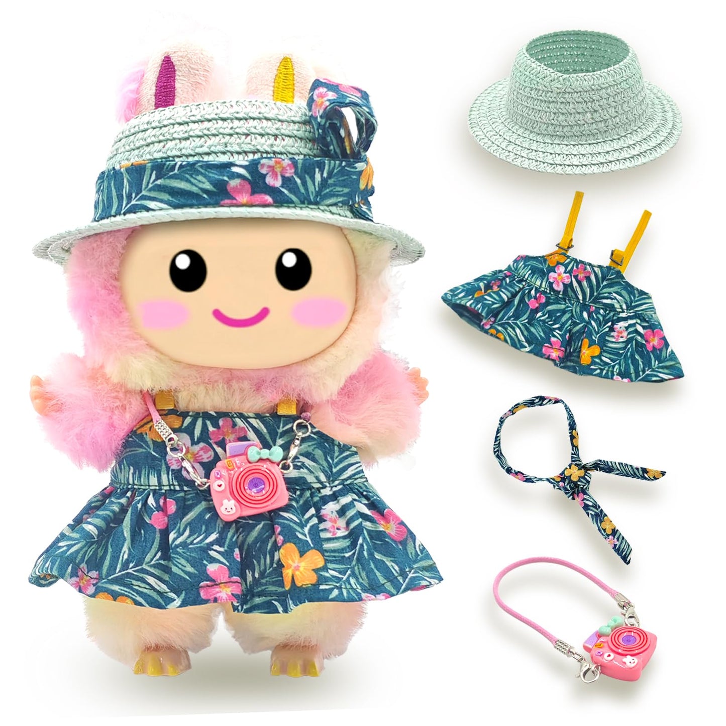 SZC&MFZ Cute 17cm Doll Clothes Set – 4-Piece Kawaii Dress Set with Hat, Camera, Silk Scarf & Pendant Accessories