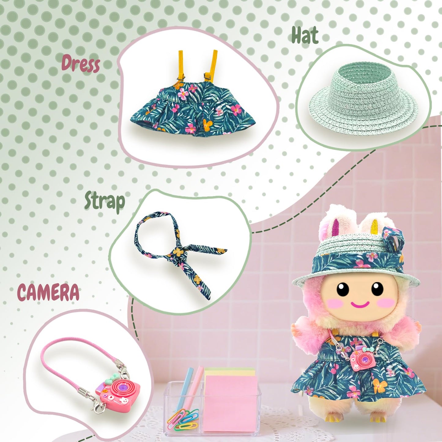 SZC&MFZ Cute 17cm Doll Clothes Set – 4-Piece Kawaii Dress Set with Hat, Camera, Silk Scarf & Pendant Accessories