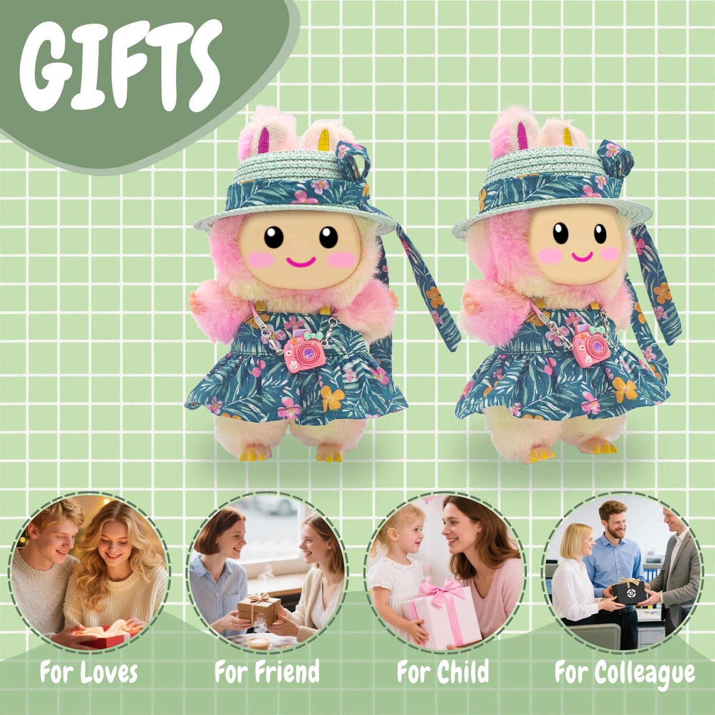 SZC&MFZ Cute 17cm Doll Clothes Set – 4-Piece Kawaii Dress Set with Hat, Camera, Silk Scarf & Pendant Accessories