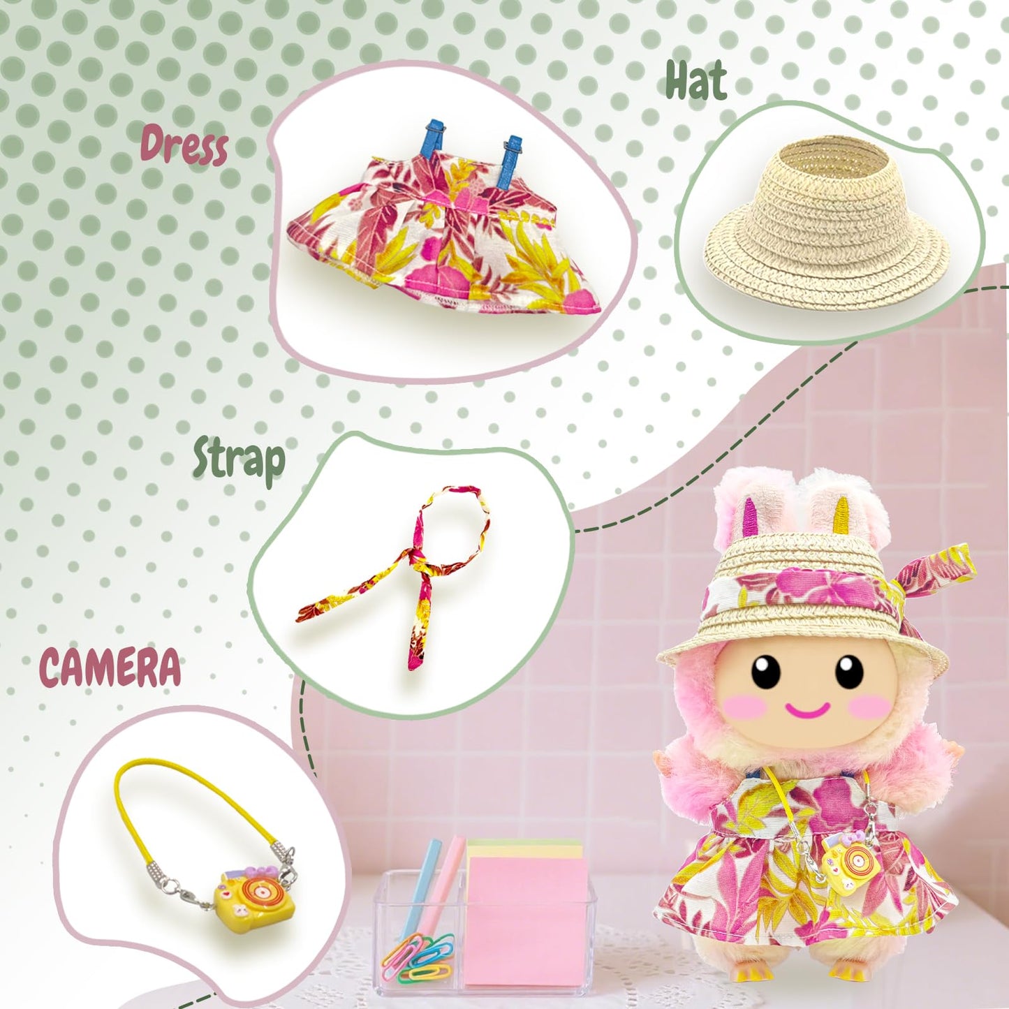 SZC&MFZ Cute 17cm Doll Clothes Set 4Pcs Pink - Dress, Hat, Camera & Accessories