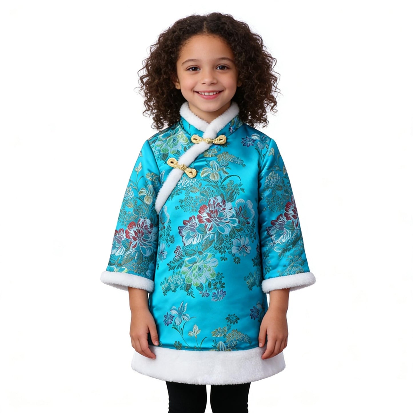 SZCQ Baby Girls Qipao Dress - Quilted Blue Cheongsam with Floral Embroidery, 1-12Y