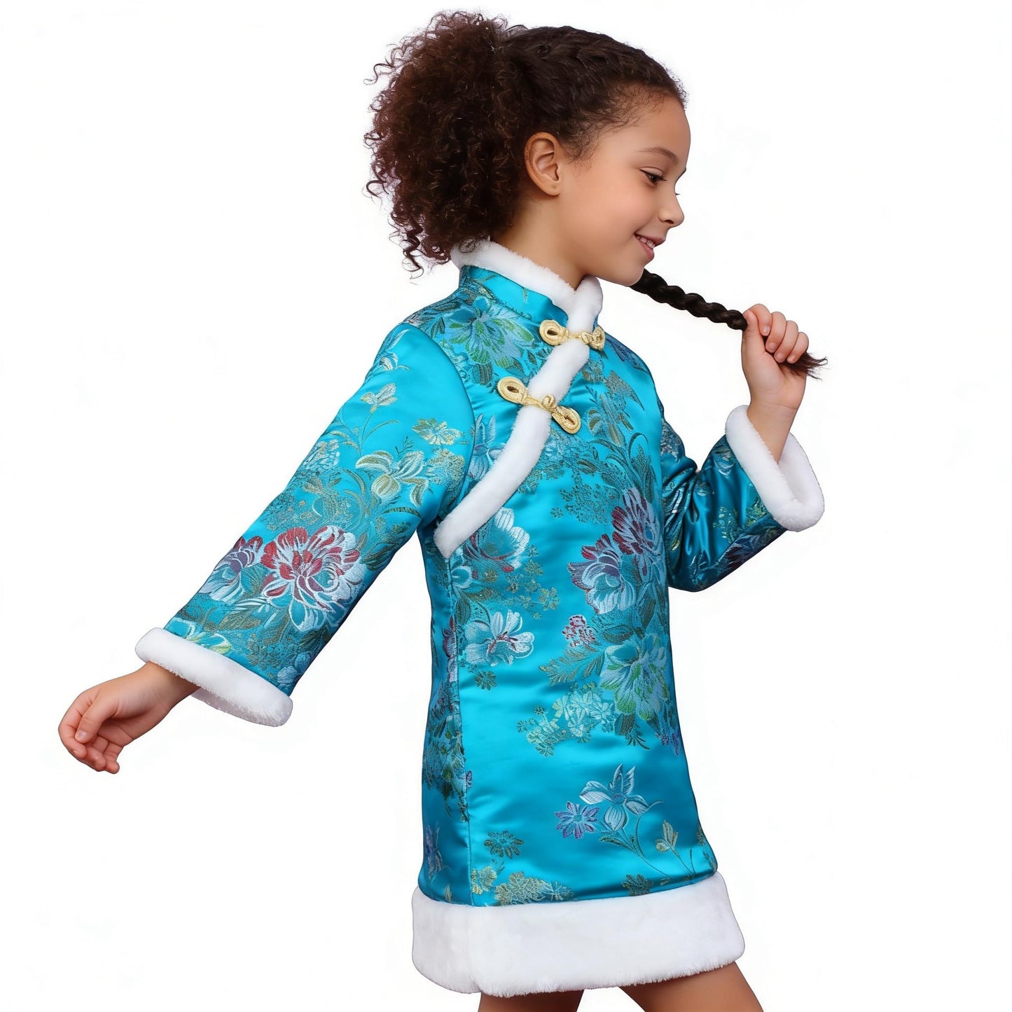 SZCQ Baby Girls Qipao Dress - Quilted Blue Cheongsam with Floral Embroidery, 1-12Y