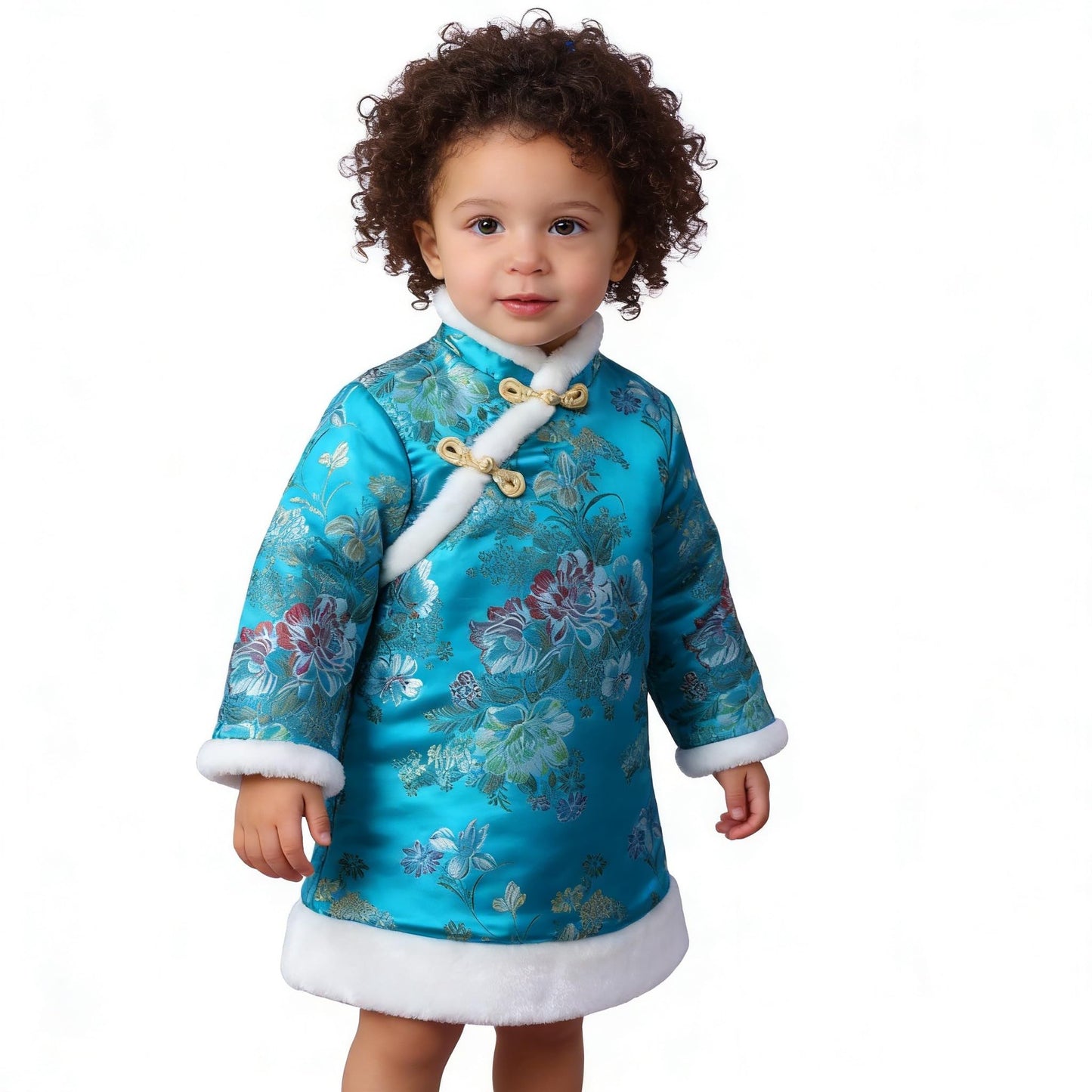 SZCQ Baby Girls Qipao Dress - Quilted Blue Cheongsam with Floral Embroidery, 1-12Y