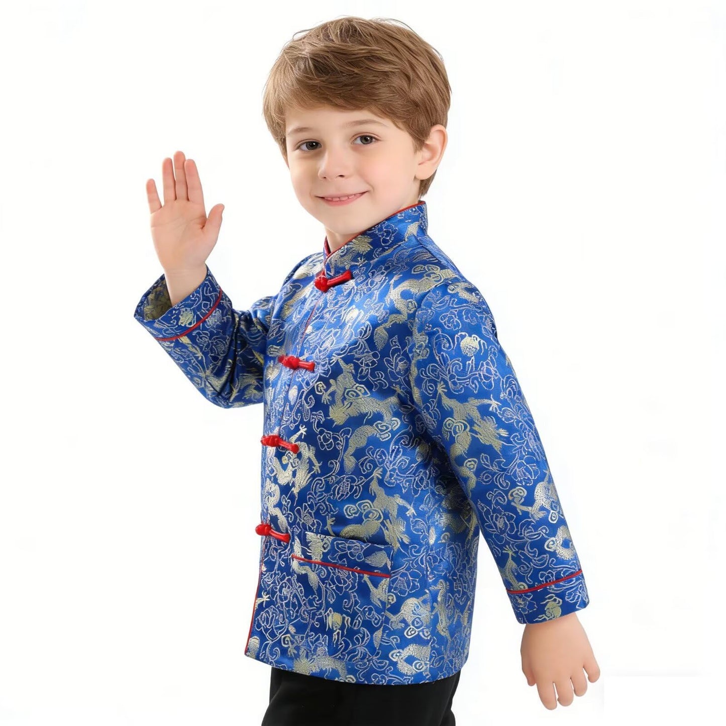 SZCQ Little Boys Dragon Tang Coat - Blue Long Sleeve Chinese Costume Jacket