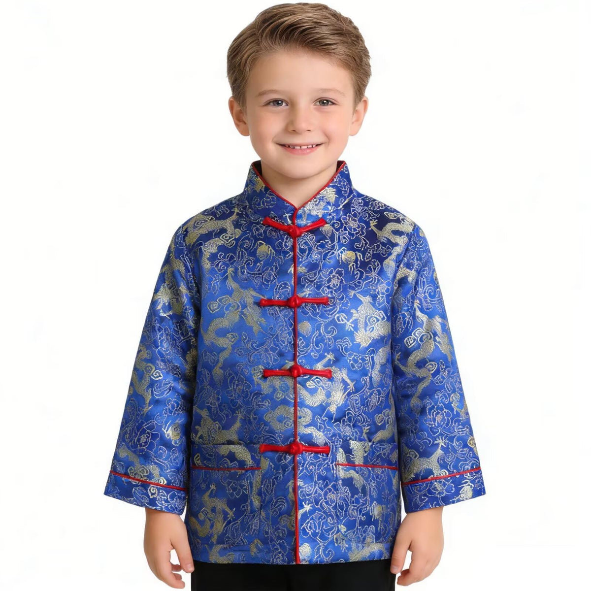 SZCQ Dragon Tang Coat for Boys - Blue Long Sleeve Chinese Outfit (Size 8)