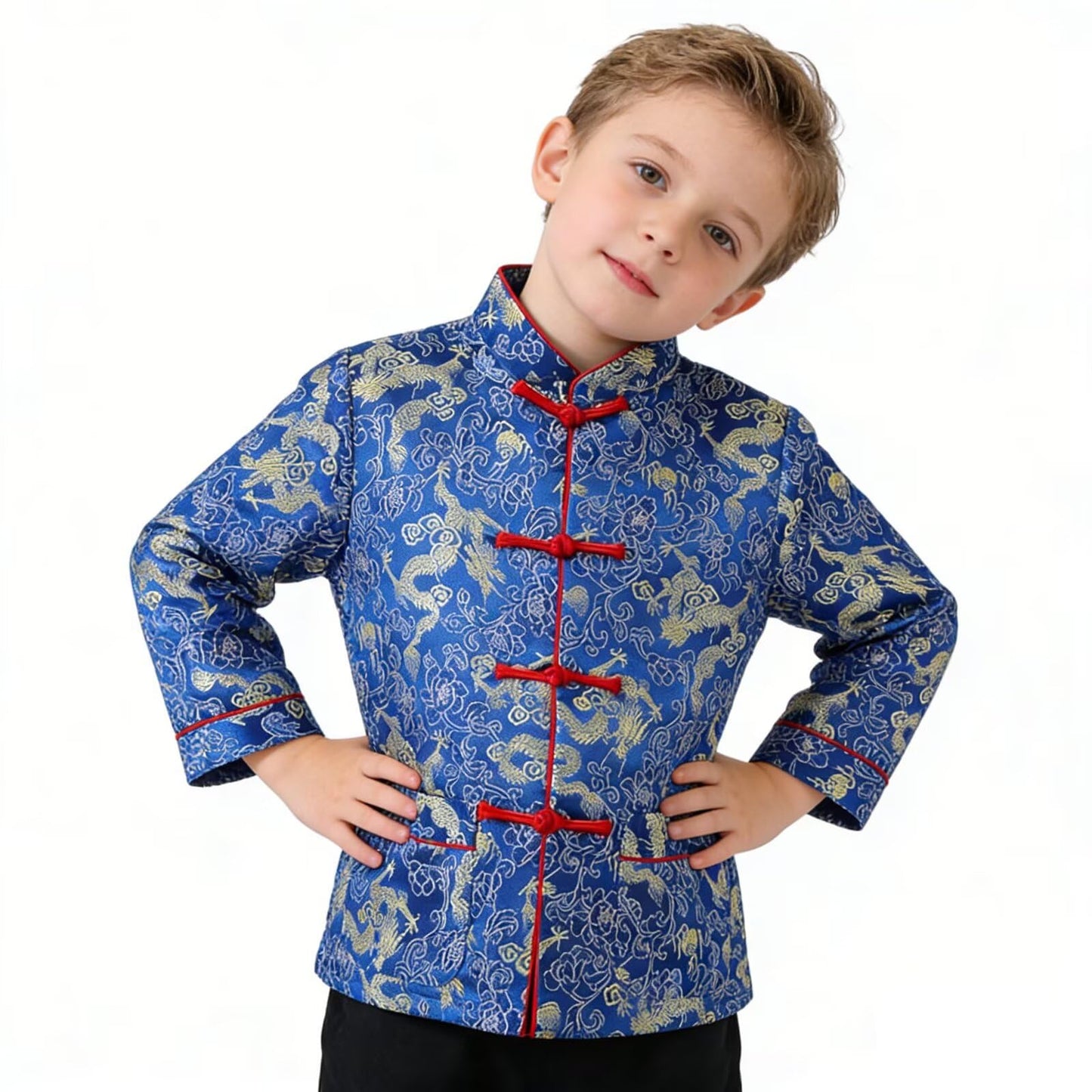 SZCQ Little Boys Dragon Tang Coat - Traditional Chinese Kids Jacket (Blue, Size 14)