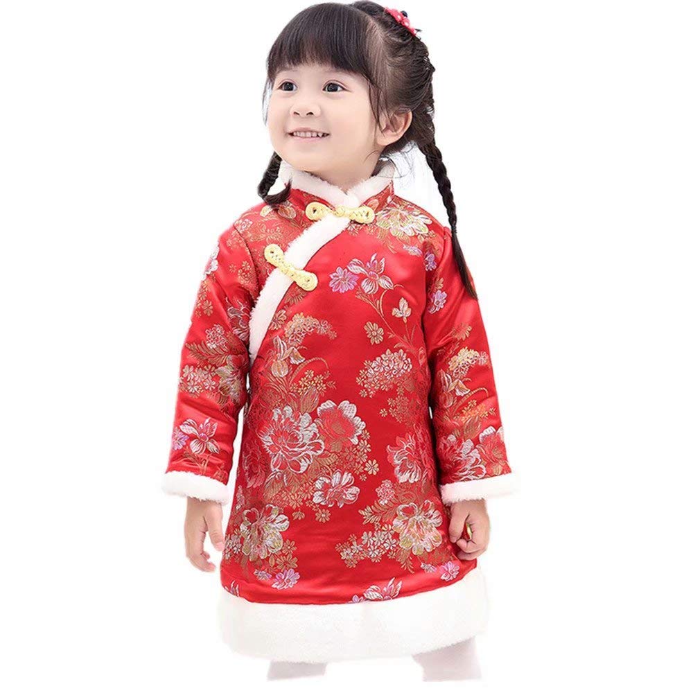 SZCQ Baby Girls Qipao Dress Red Traditional Cheongsam with Quilted Coat (Size 8)