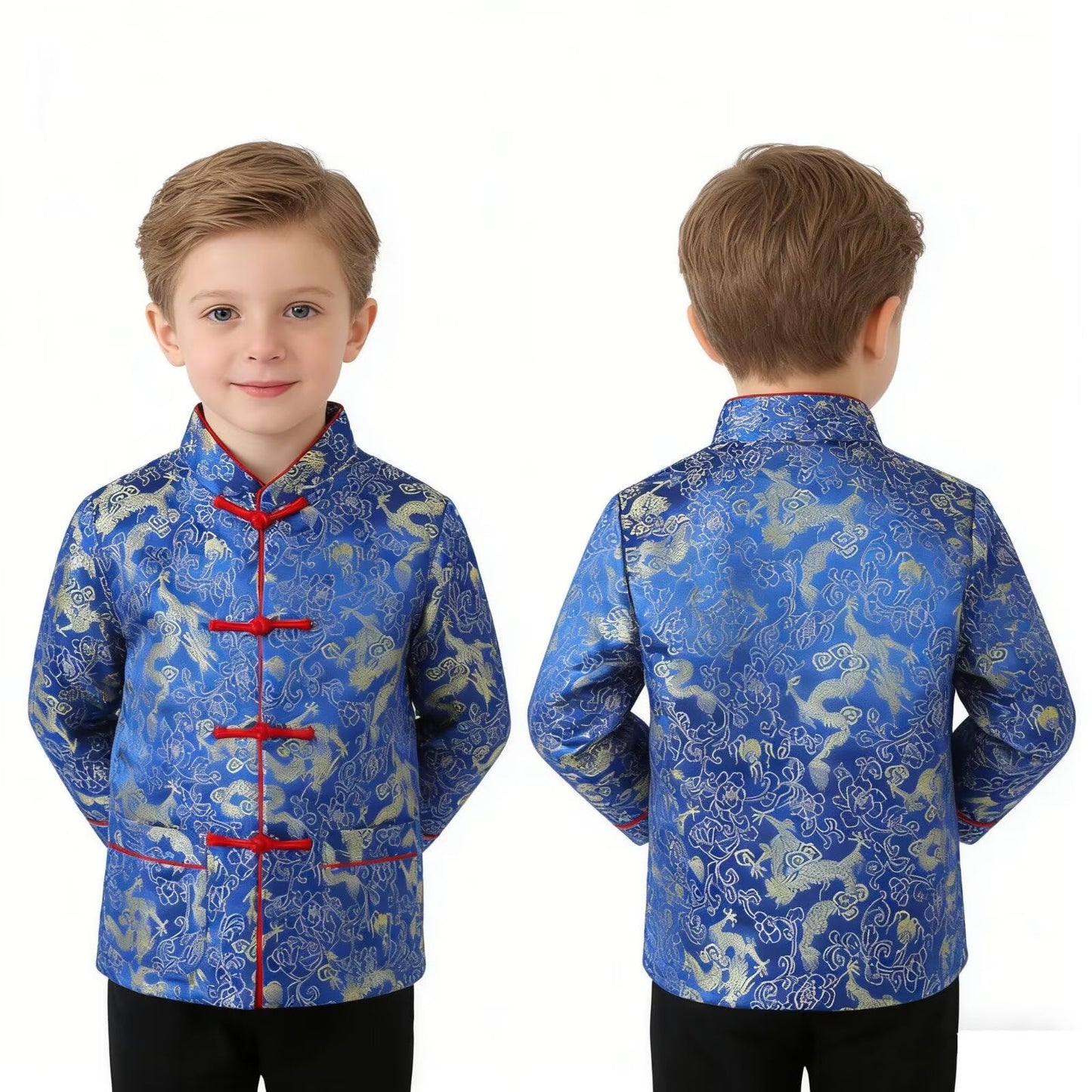 SZCQ Little Boys Dragon Tang Coat - Traditional Chinese Kids Jacket (Blue, Size 14)
