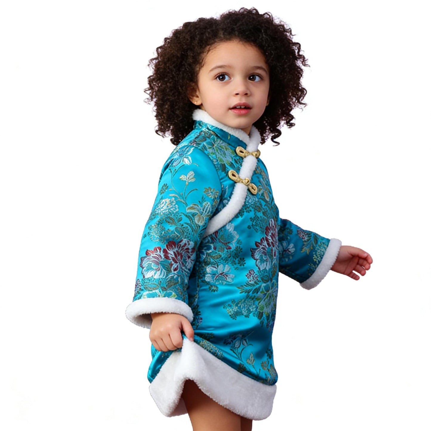 SZCQ Baby Girls Qipao Dress - Quilted Blue Cheongsam with Floral Embroidery, 1-12Y